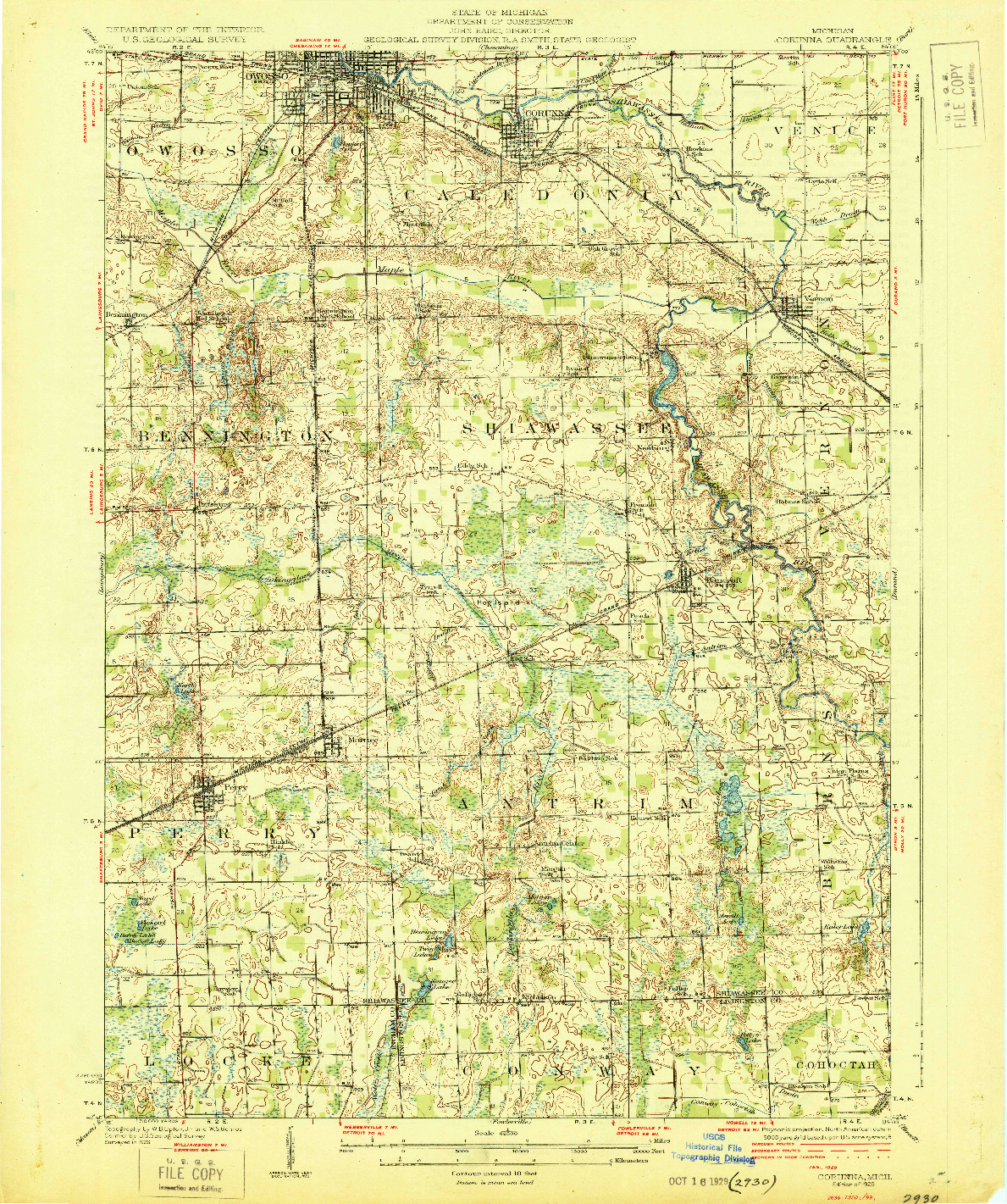 USGS 1:62500-SCALE QUADRANGLE FOR CORUNNA, MI 1929