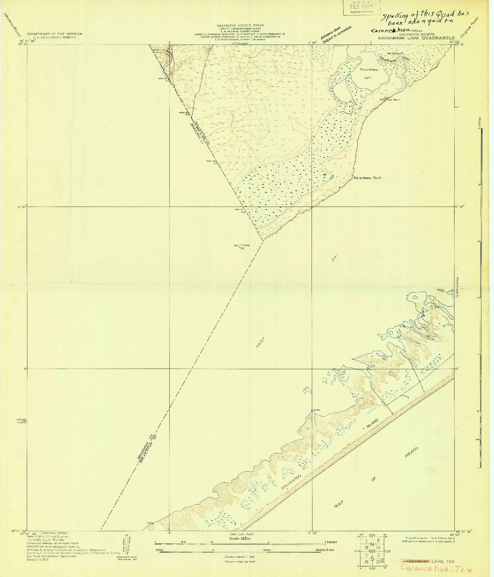 USGS 1:24000-SCALE QUADRANGLE FOR KARANKAWA LAKE, TX 1929