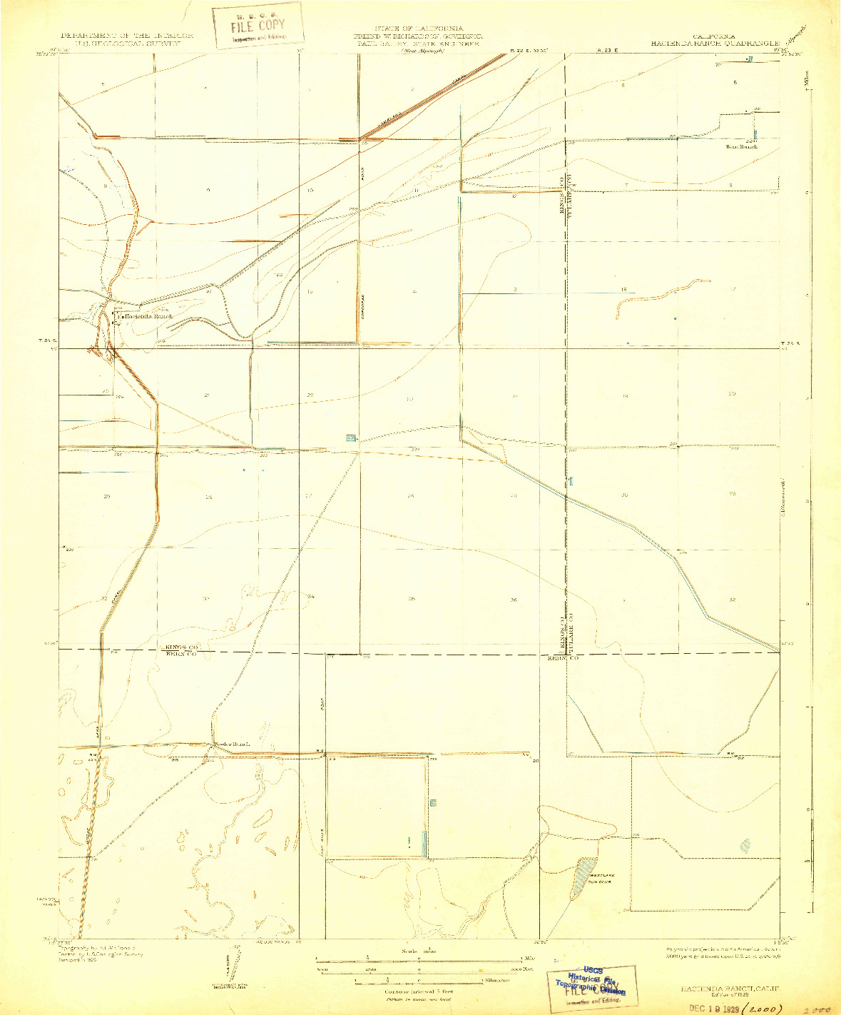 USGS 1:31680-SCALE QUADRANGLE FOR HACIENDA RANCH, CA 1929