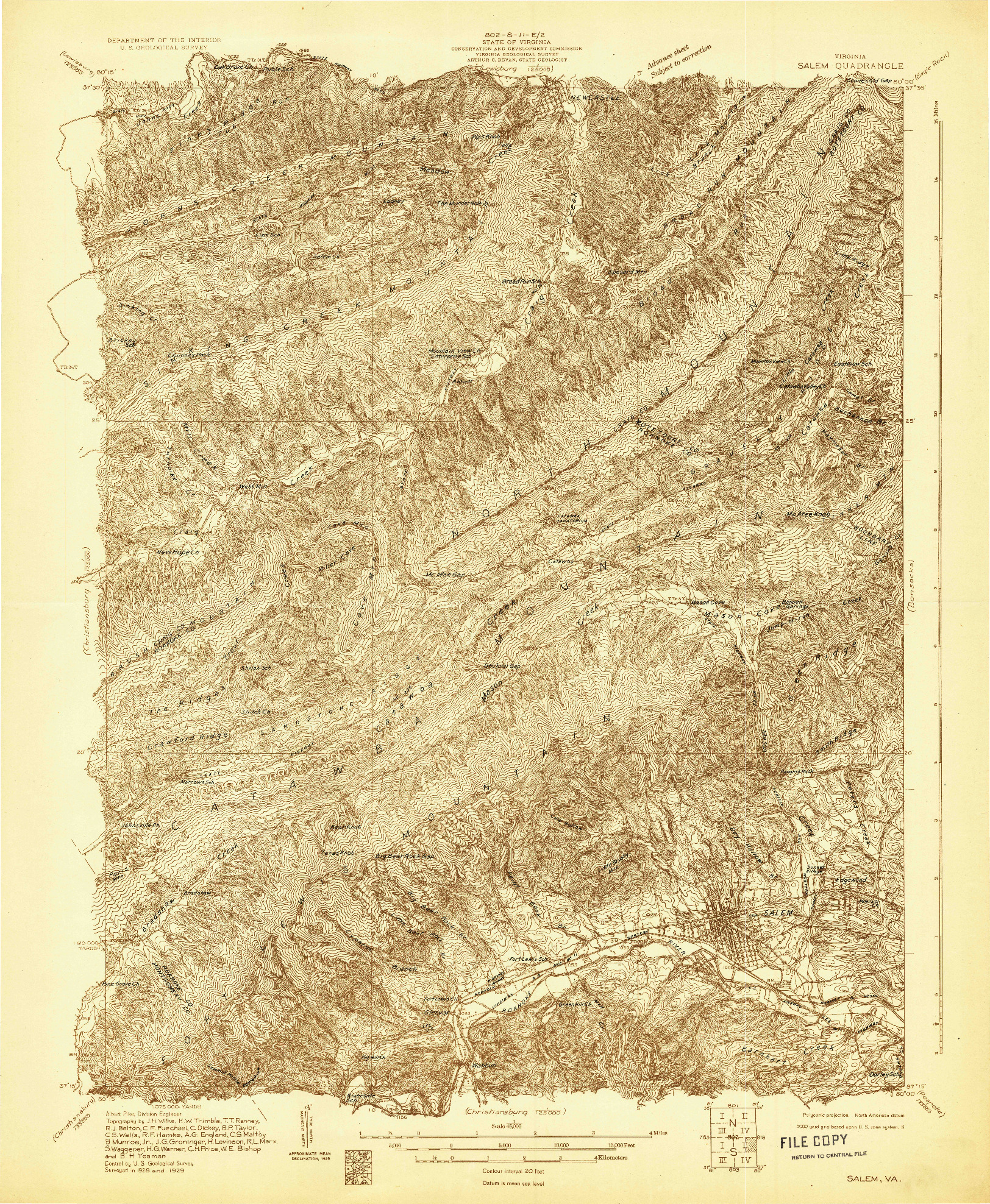 USGS 1:48000-SCALE QUADRANGLE FOR SALEM, VA 1929
