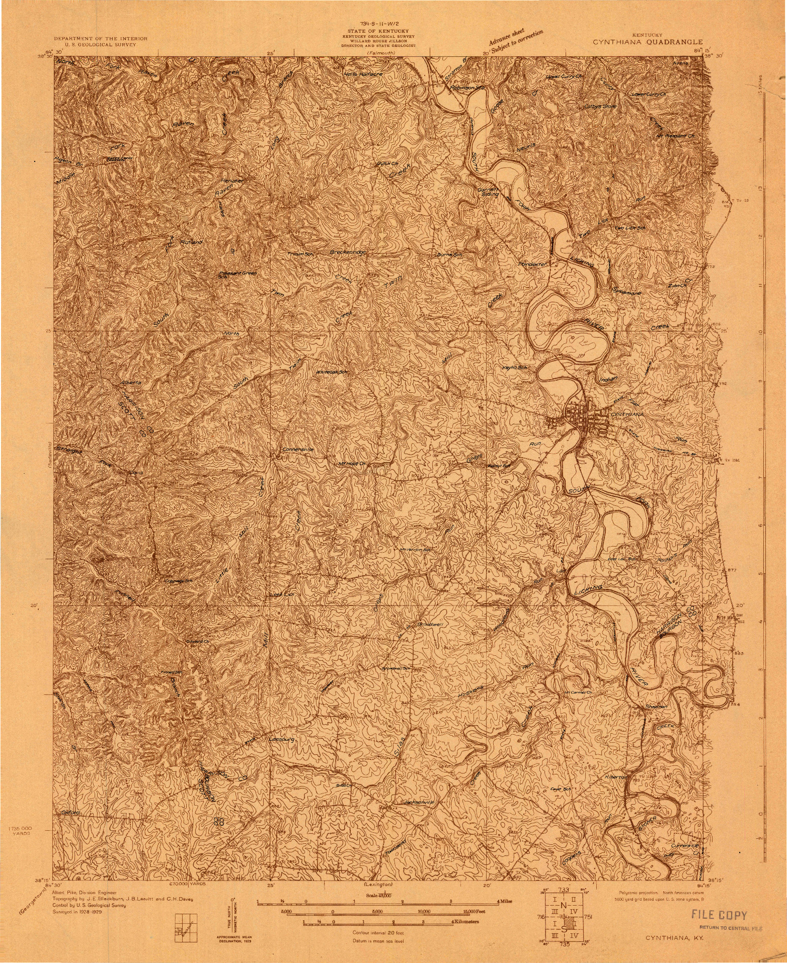 USGS 1:48000-SCALE QUADRANGLE FOR CYNTHIANA, KY 1929