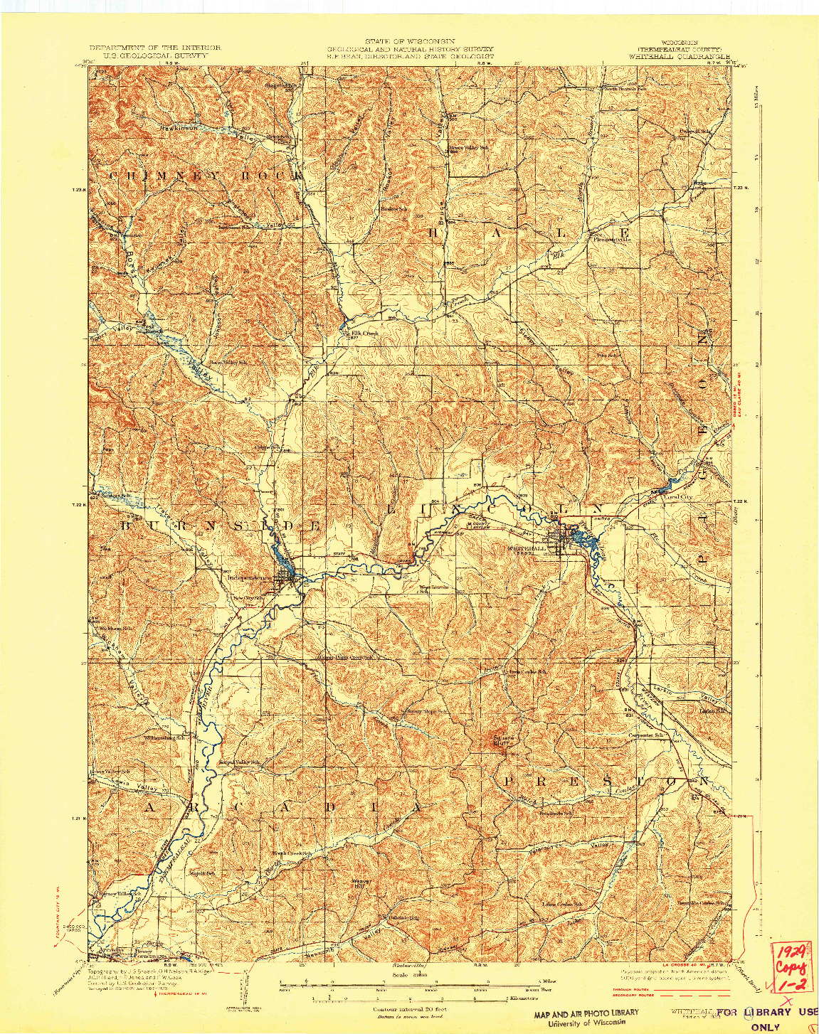 USGS 1:62500-SCALE QUADRANGLE FOR WHITEHALL, WI 1929