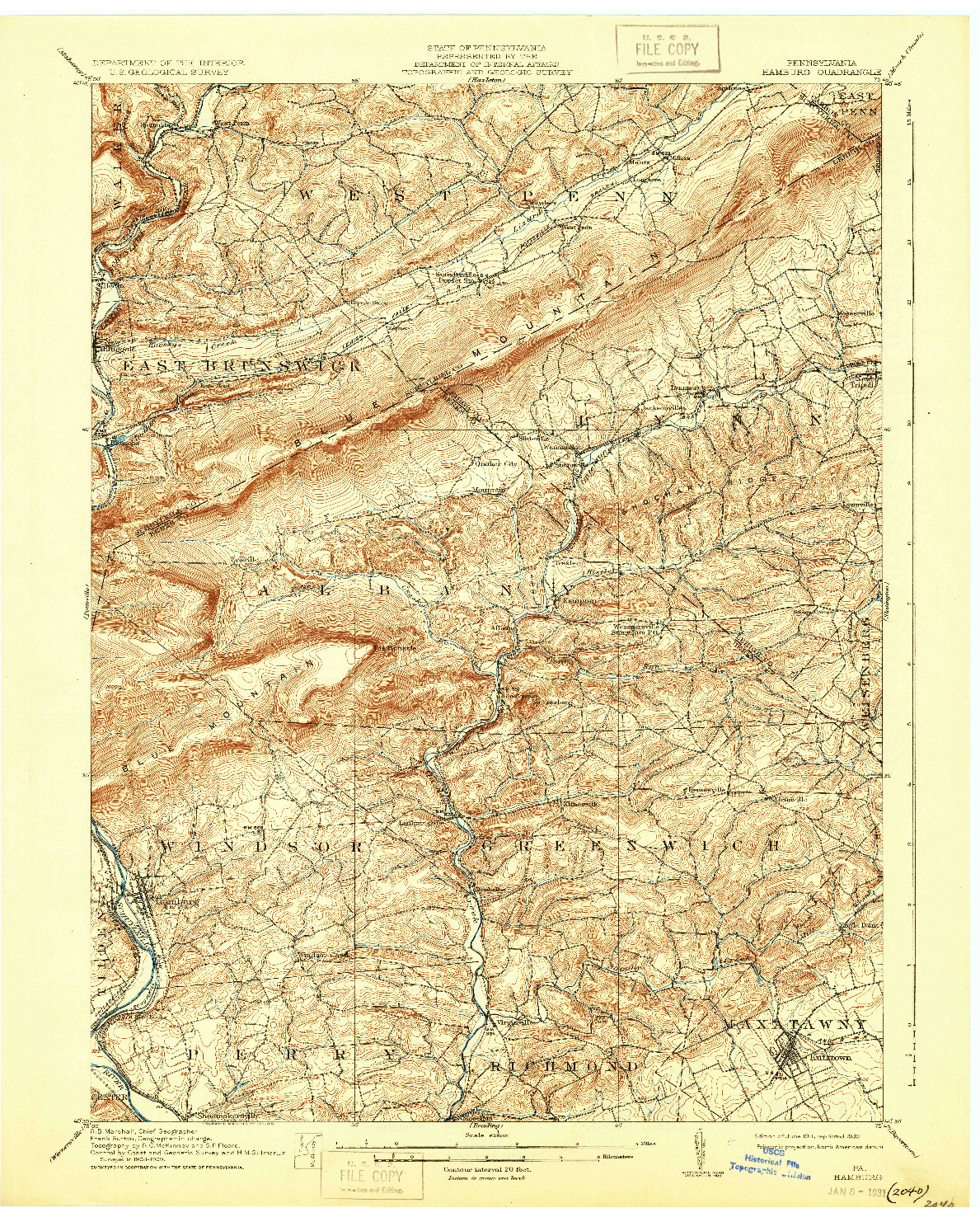 USGS 1:62500-SCALE QUADRANGLE FOR HAMBURG, PA 1911