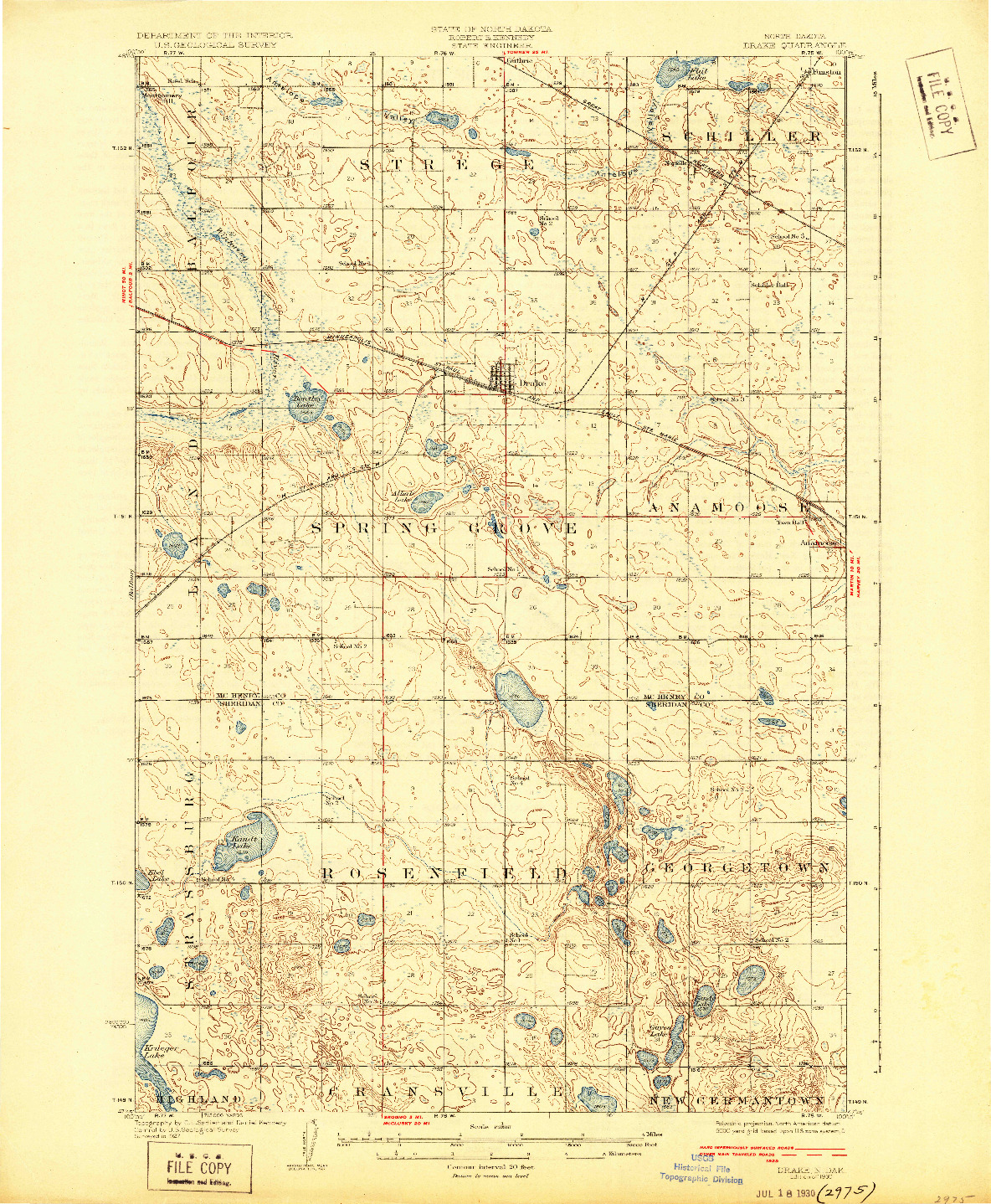 USGS 1:62500-SCALE QUADRANGLE FOR DRAKE, ND 1930