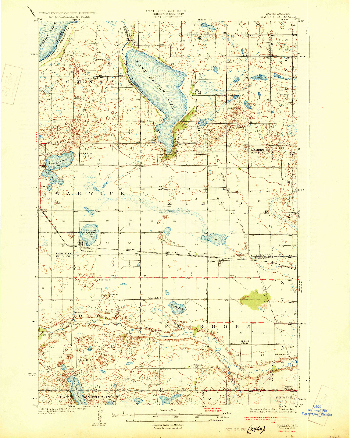 USGS 1:62500-SCALE QUADRANGLE FOR HAMAR, ND 1930