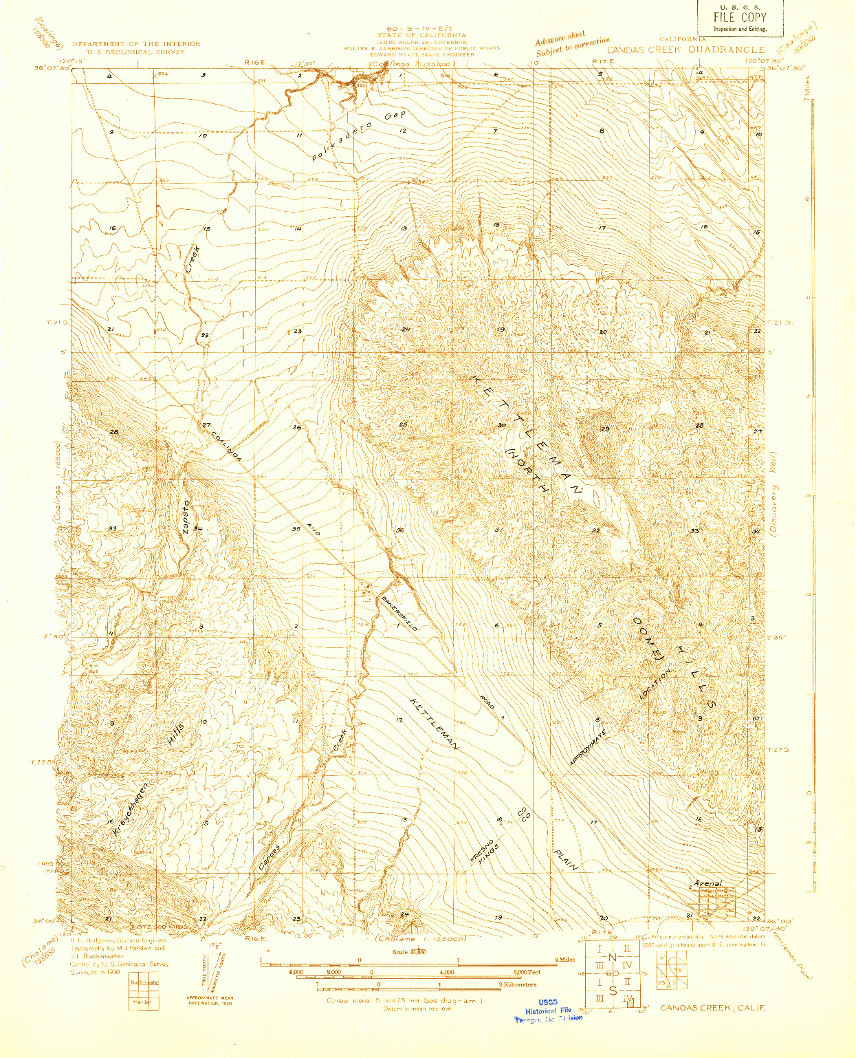 USGS 1:31680-SCALE QUADRANGLE FOR CANOAS CREEK, CA 1930