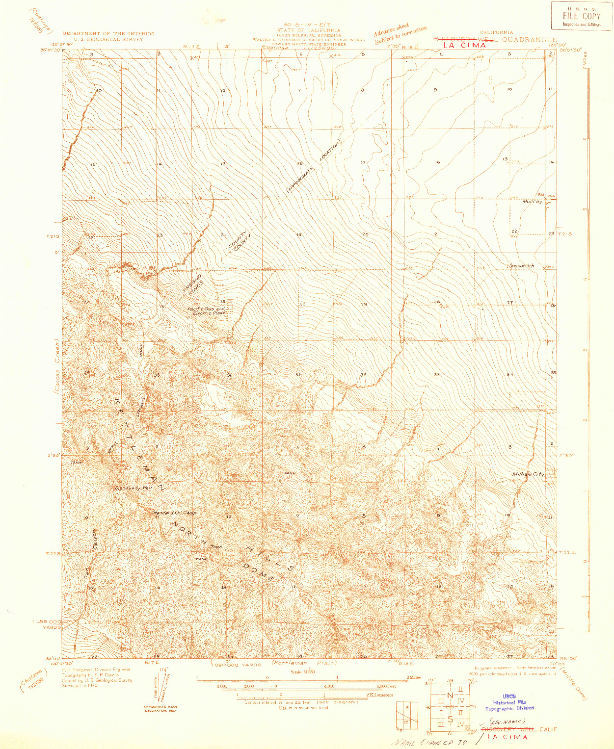 USGS 1:31680-SCALE QUADRANGLE FOR DISCOVERY WELL, CA 1930