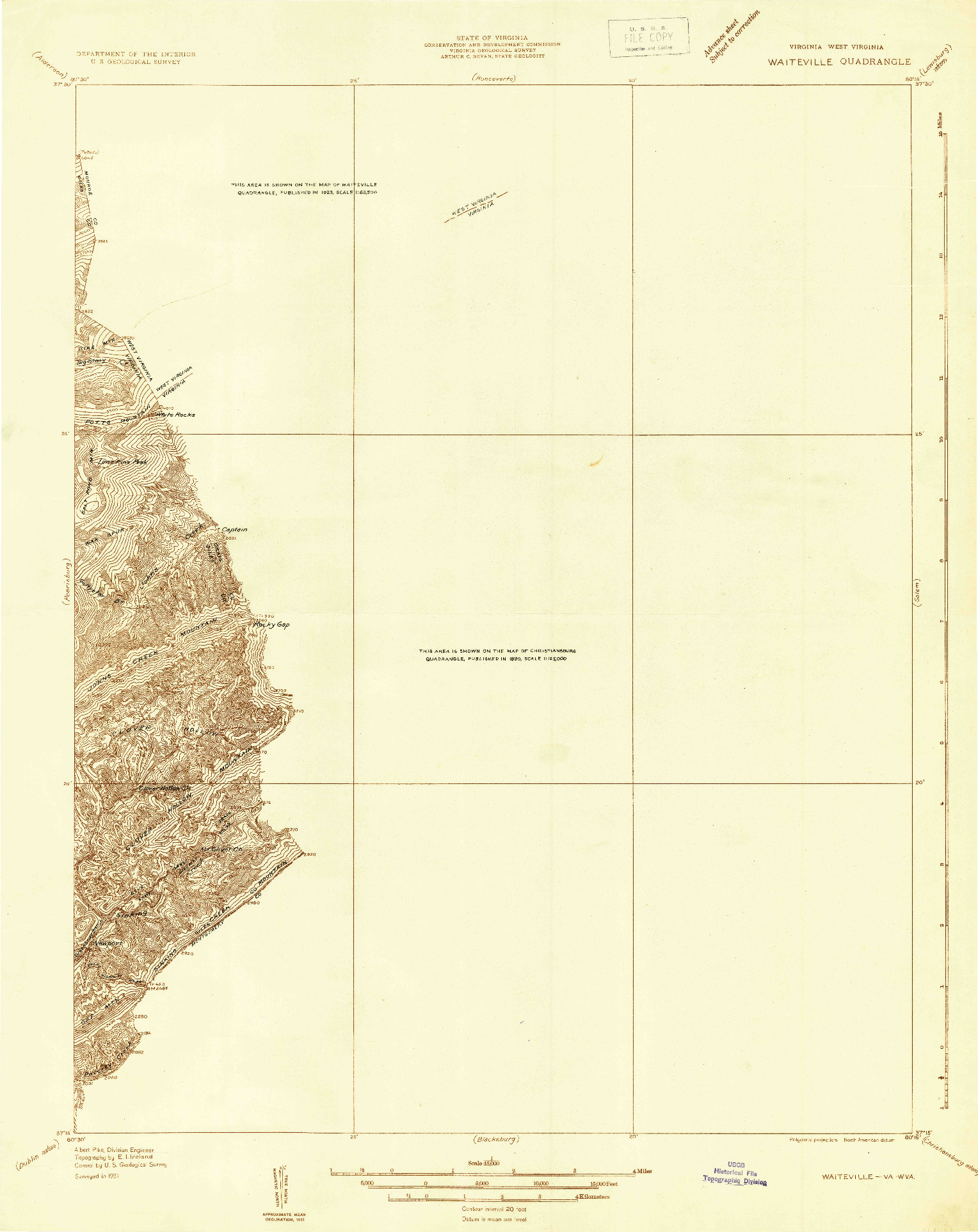USGS 1:48000-SCALE QUADRANGLE FOR WAITEVILLE, VA 1931