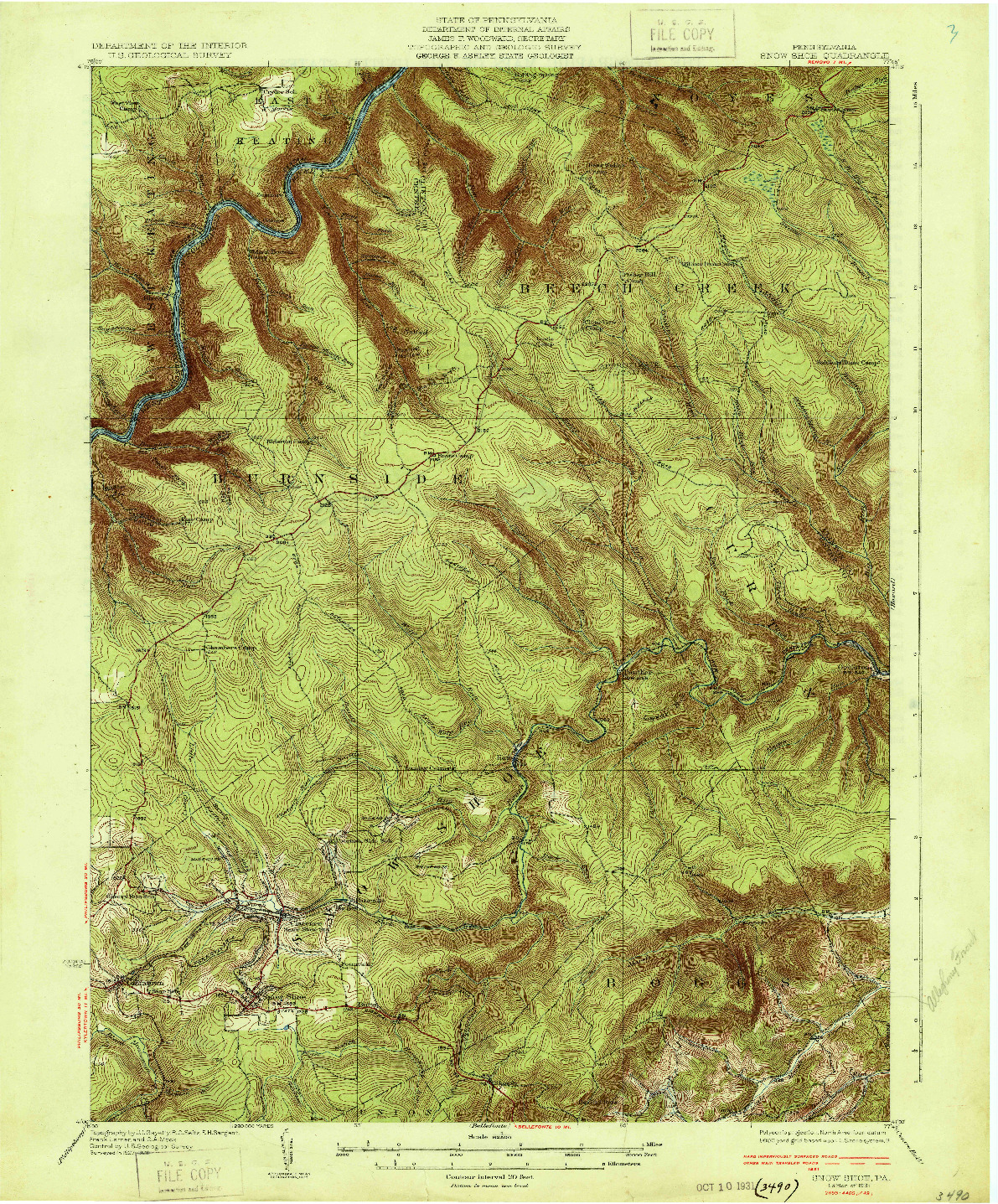 USGS 1:62500-SCALE QUADRANGLE FOR SNOW SHOE, PA 1931