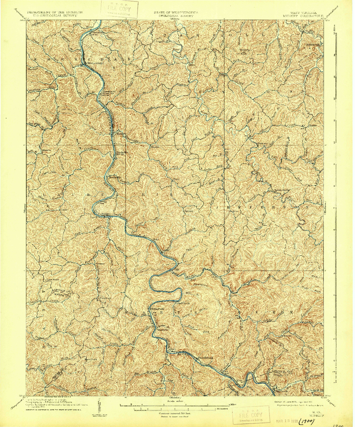USGS 1:62500-SCALE QUADRANGLE FOR MIDKIFF, WV 1909