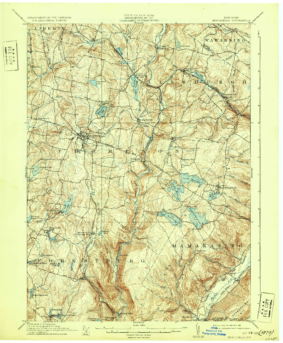 USGS 1:62500-SCALE QUADRANGLE FOR MONTICELLO, NY 1911