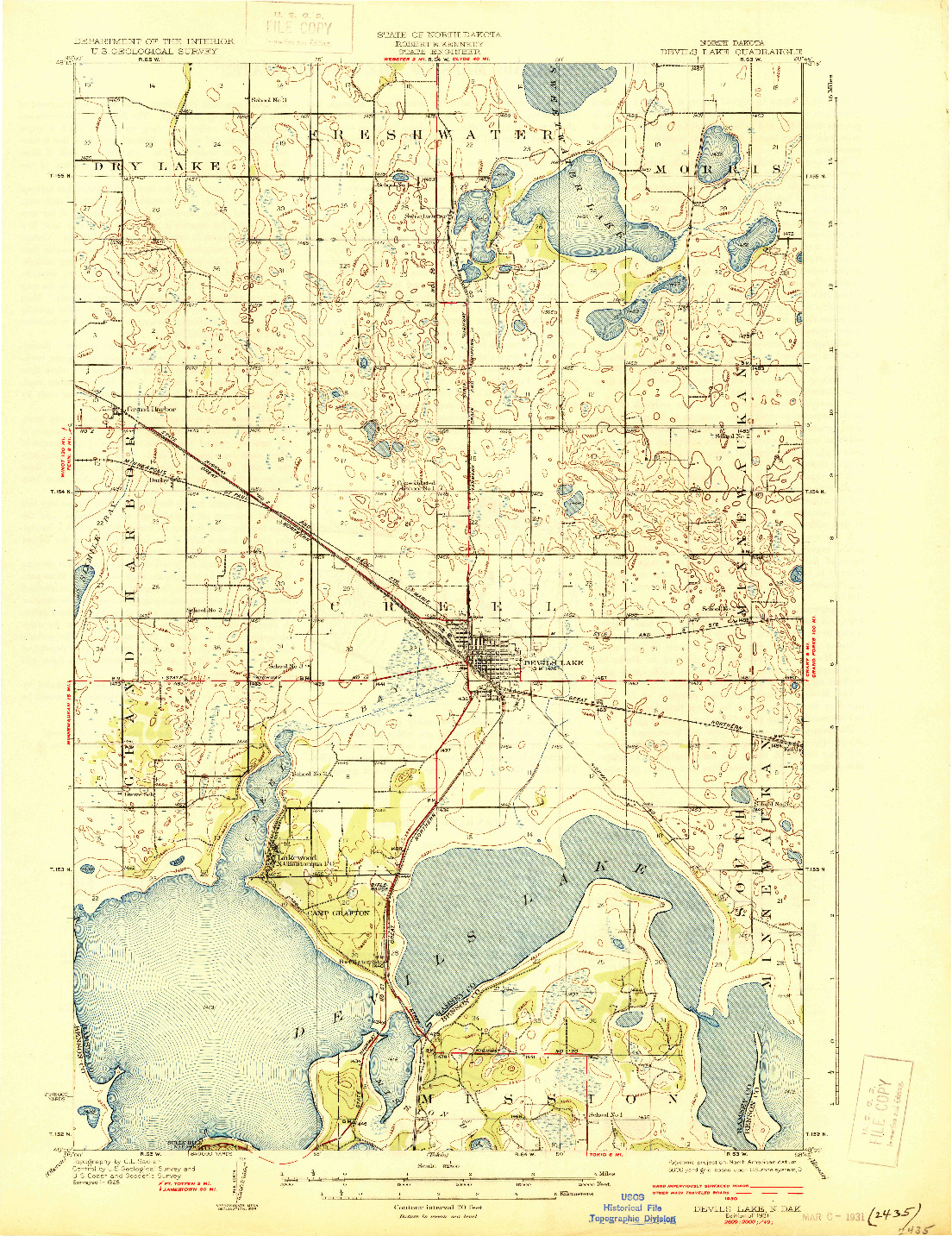 USGS 1:62500-SCALE QUADRANGLE FOR DEVILS LAKE, ND 1931