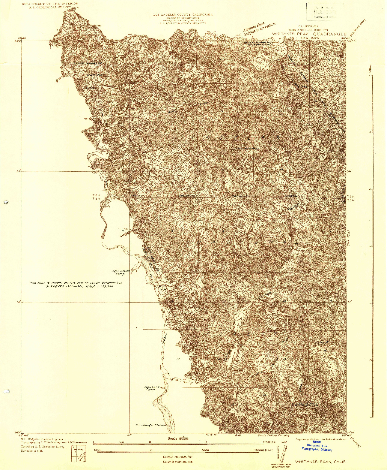 USGS 1:24000-SCALE QUADRANGLE FOR WHITAKER PEAK, CA 1931