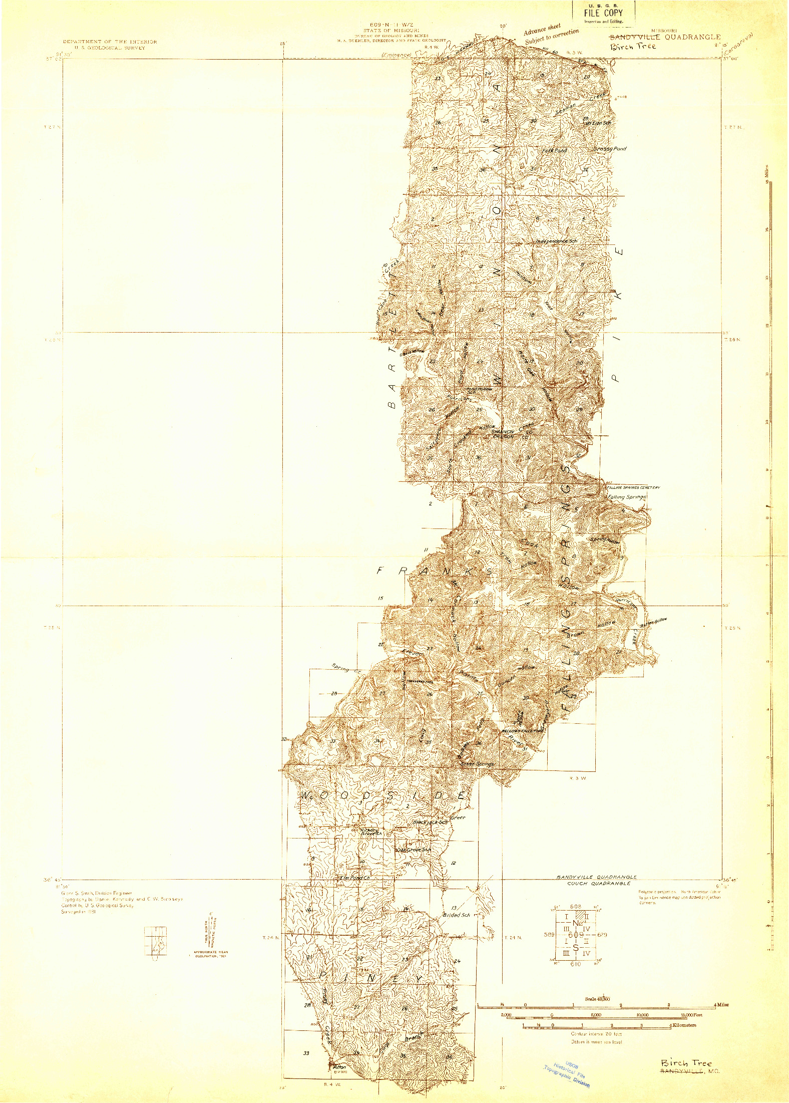 USGS 1:48000-SCALE QUADRANGLE FOR BANDYVILLE, MO 1931