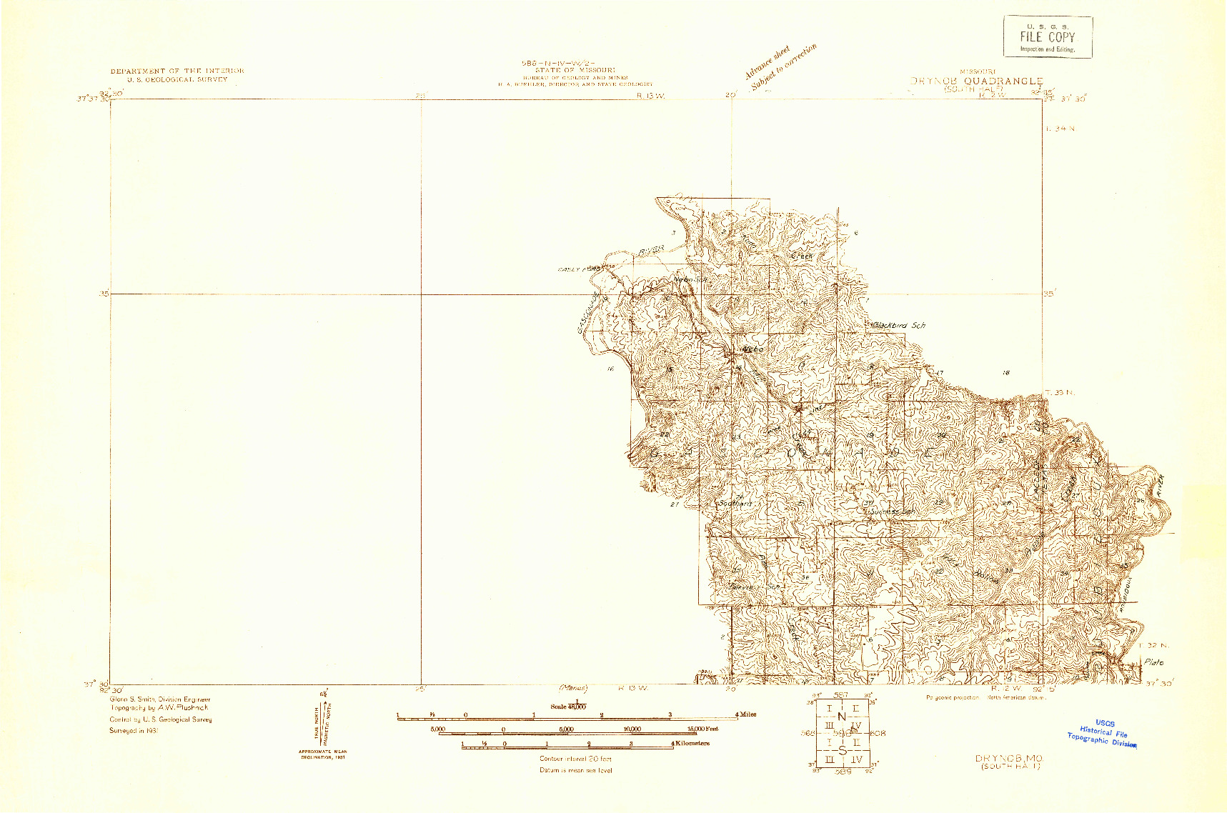 USGS 1:48000-SCALE QUADRANGLE FOR DRYNOB, MO 1931