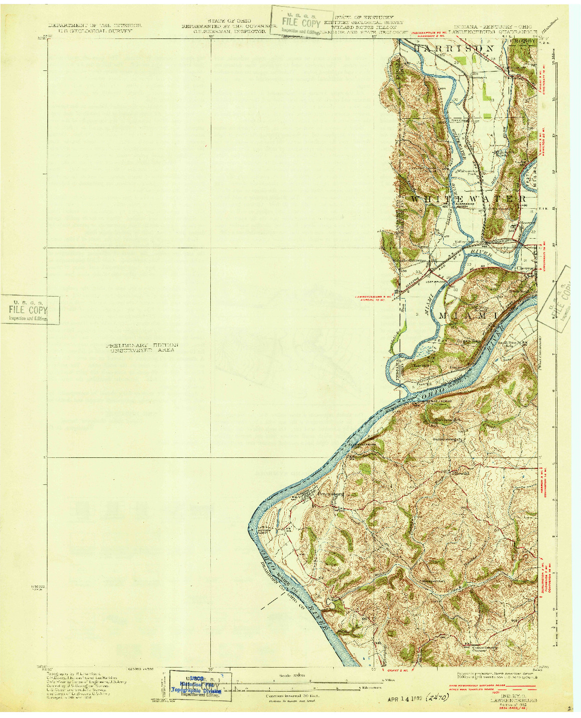 USGS 1:62500-SCALE QUADRANGLE FOR LAWRENCEBURG, IN 1932