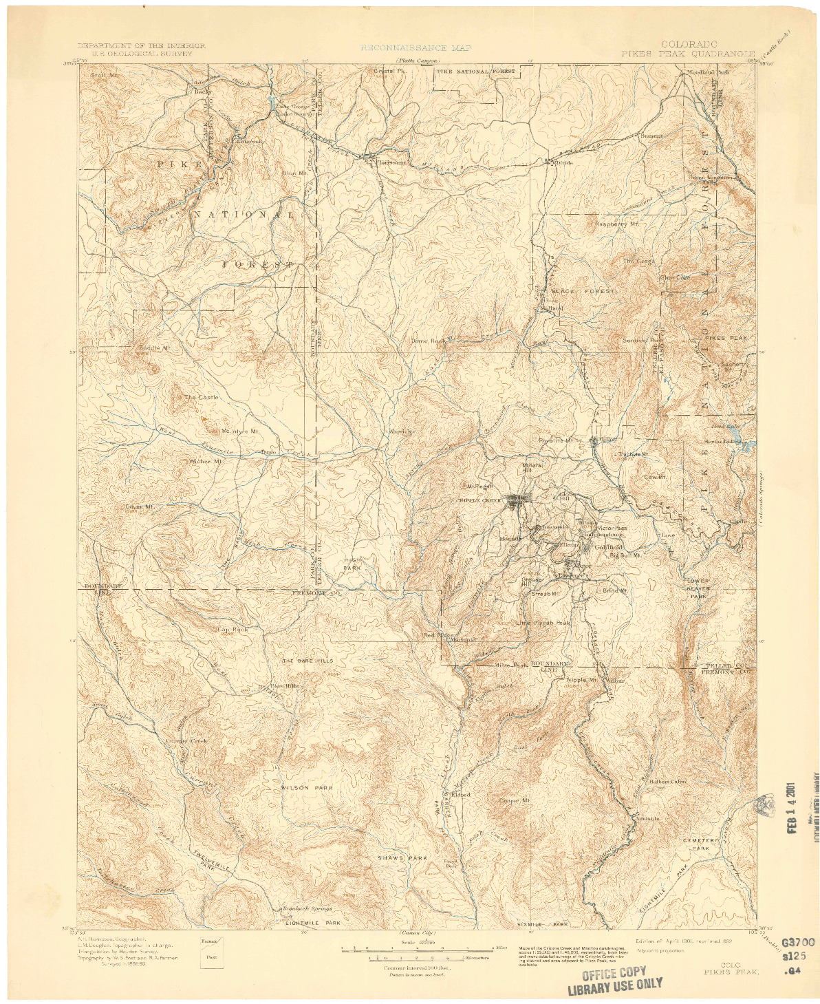 USGS 1:125000-SCALE QUADRANGLE FOR PIKES PEAK, CO 1901