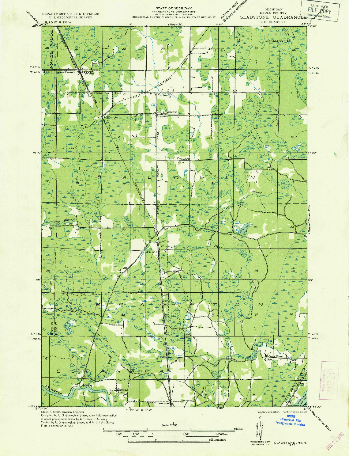 USGS 1:31680-SCALE QUADRANGLE FOR GLADSTONE NE, MI 1932
