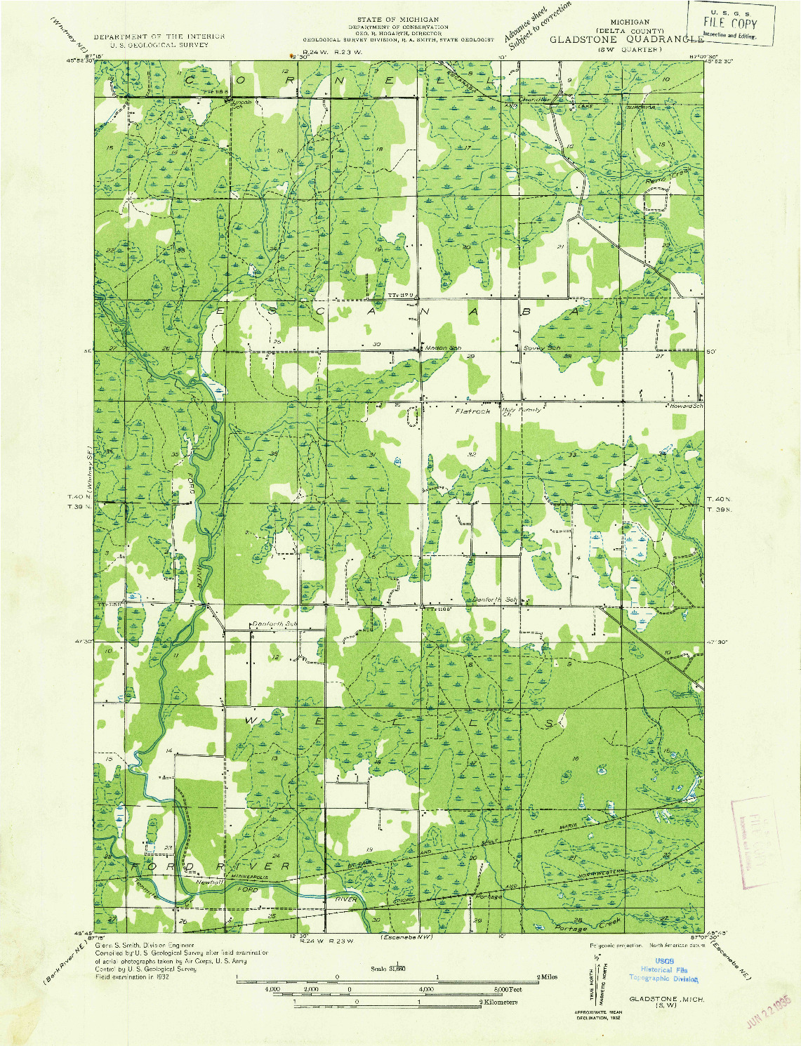USGS 1:31680-SCALE QUADRANGLE FOR GLADSTONE SW, MI 1932