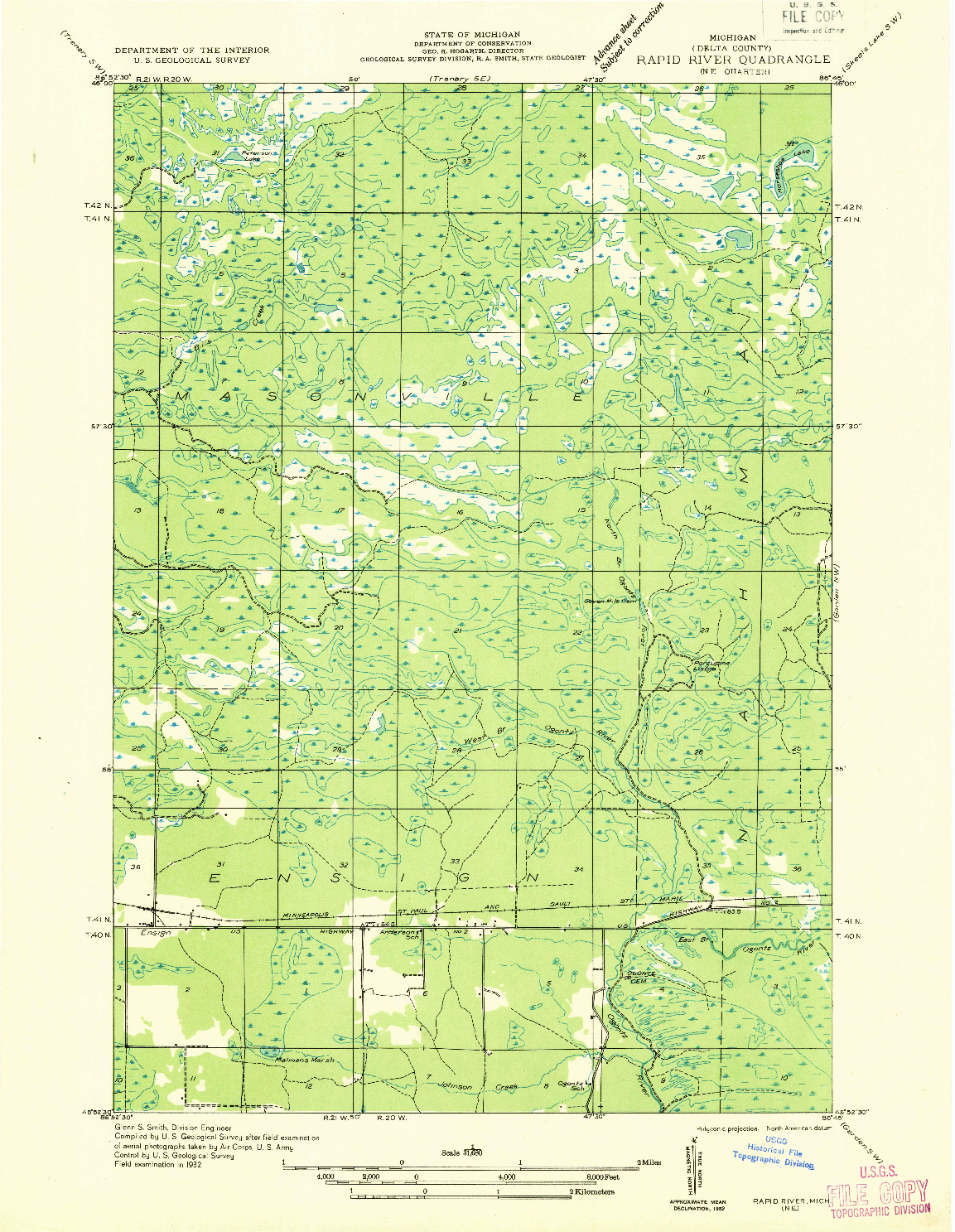 USGS 1:31680-SCALE QUADRANGLE FOR RAPID RIVER NE, MI 1932