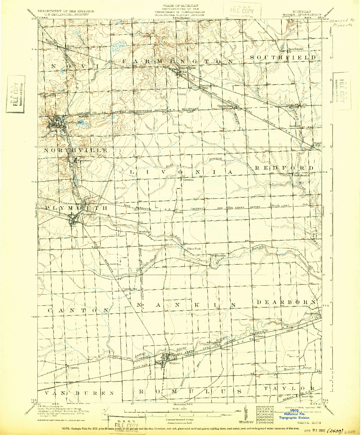 USGS 1:62500-SCALE QUADRANGLE FOR WAYNE, MI 1905