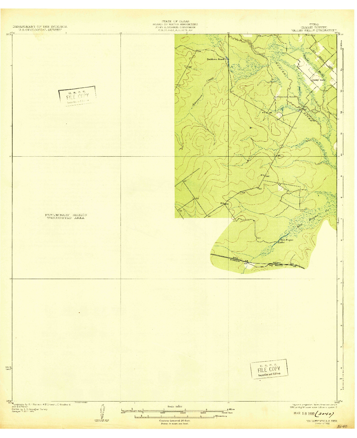 USGS 1:62500-SCALE QUADRANGLE FOR VALLEY WELLS, TX 1932