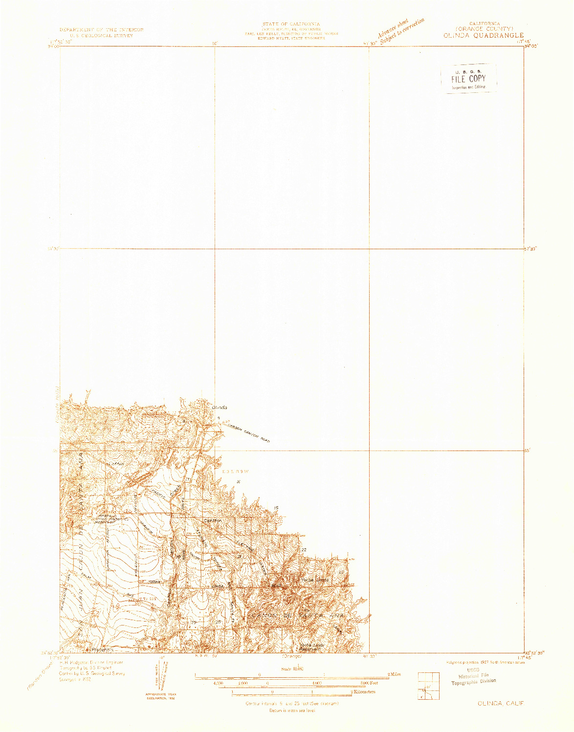 USGS 1:31680-SCALE QUADRANGLE FOR OLINDA, CA 1932
