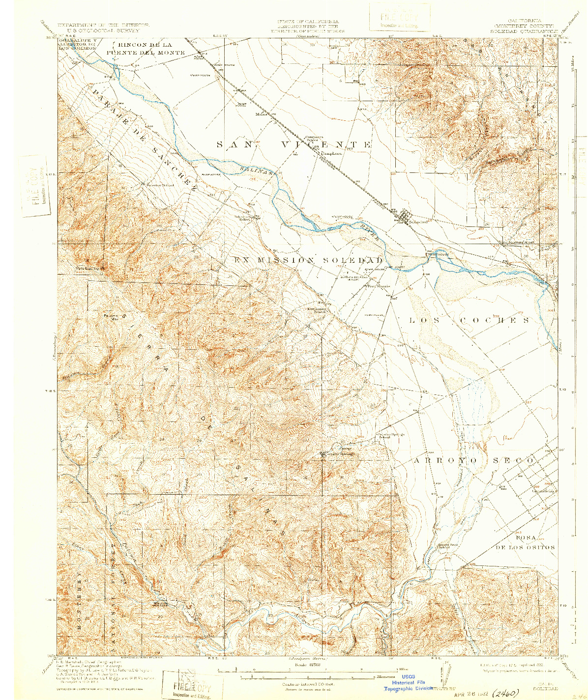 USGS 1:62500-SCALE QUADRANGLE FOR SOLEDAD, CA 1915
