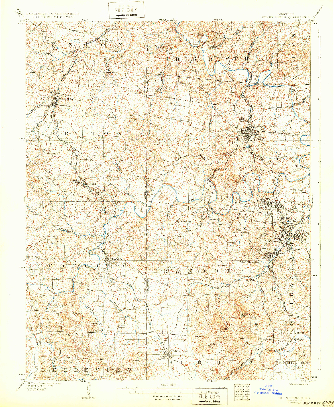 USGS 1:62500-SCALE QUADRANGLE FOR BONNE TERRE, MO 1905