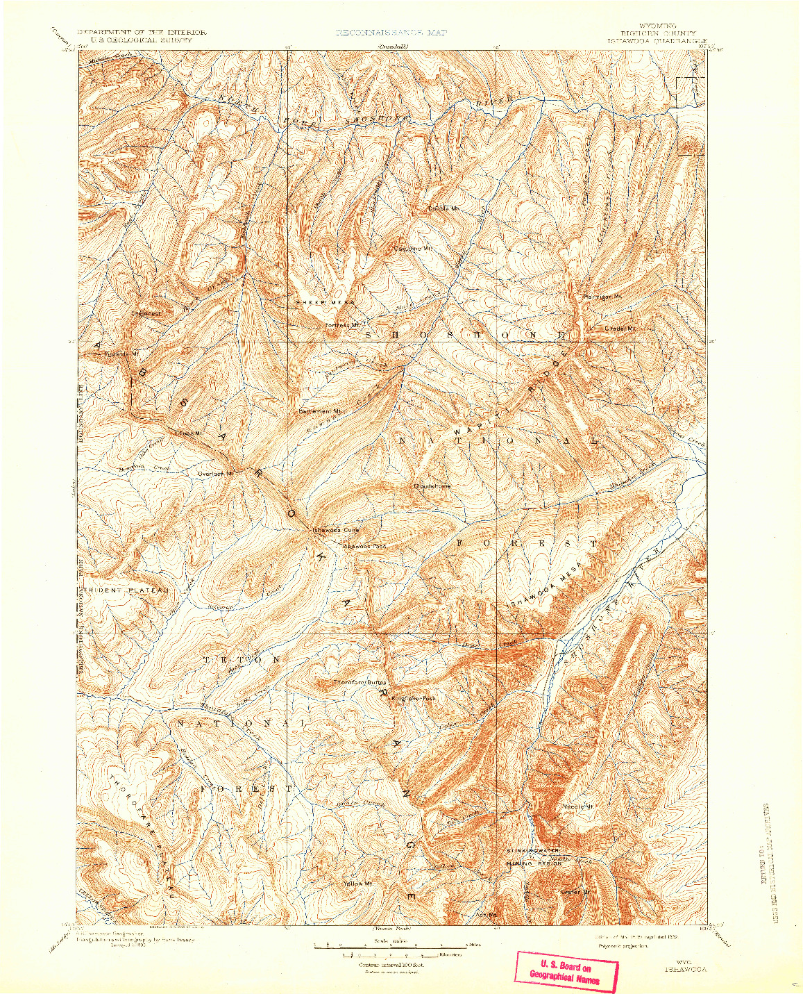 USGS 1:125000-SCALE QUADRANGLE FOR ISHAWOOA, WY 1899