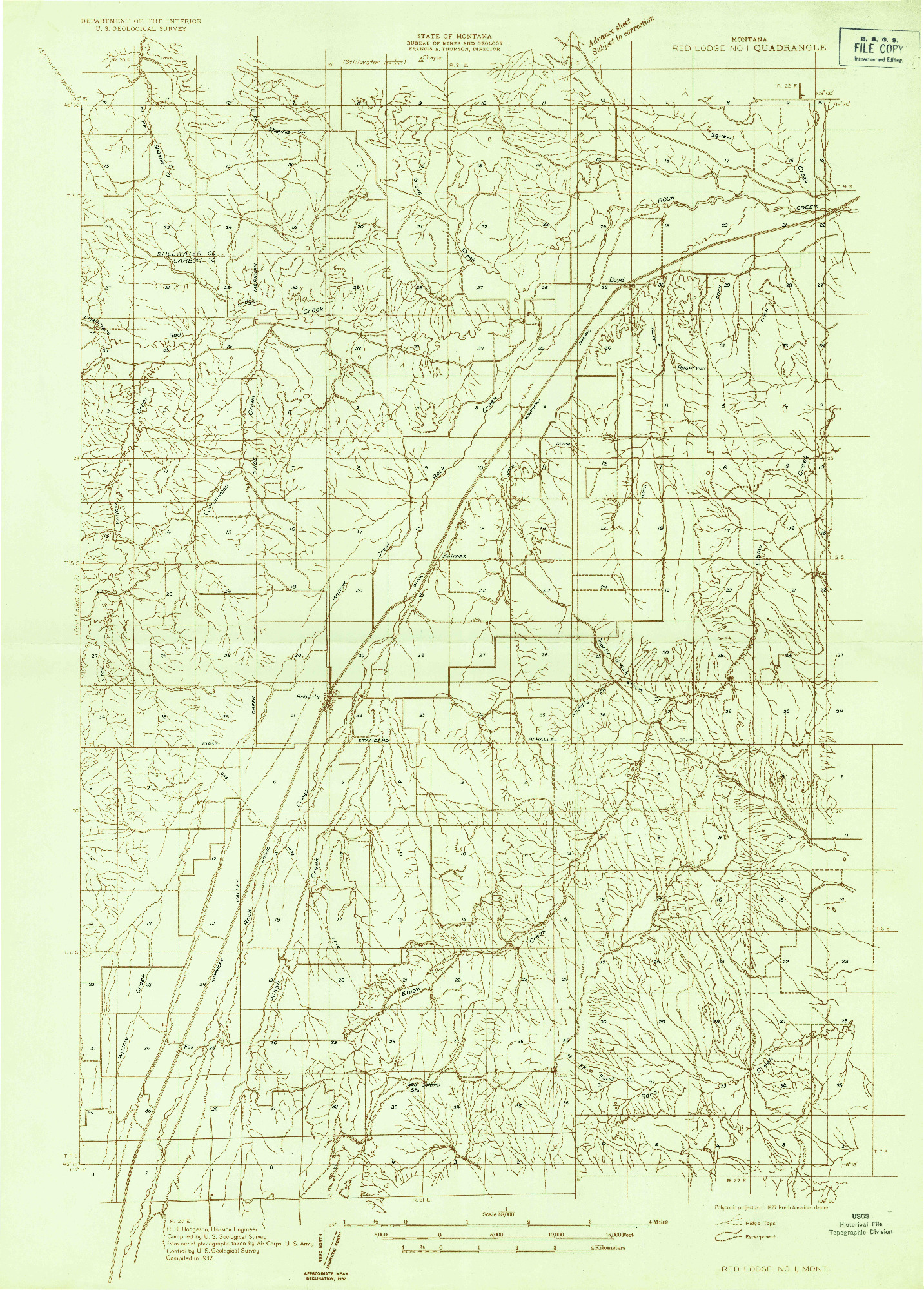 USGS 1:48000-SCALE QUADRANGLE FOR RED LODGE NO 1, MT 1932