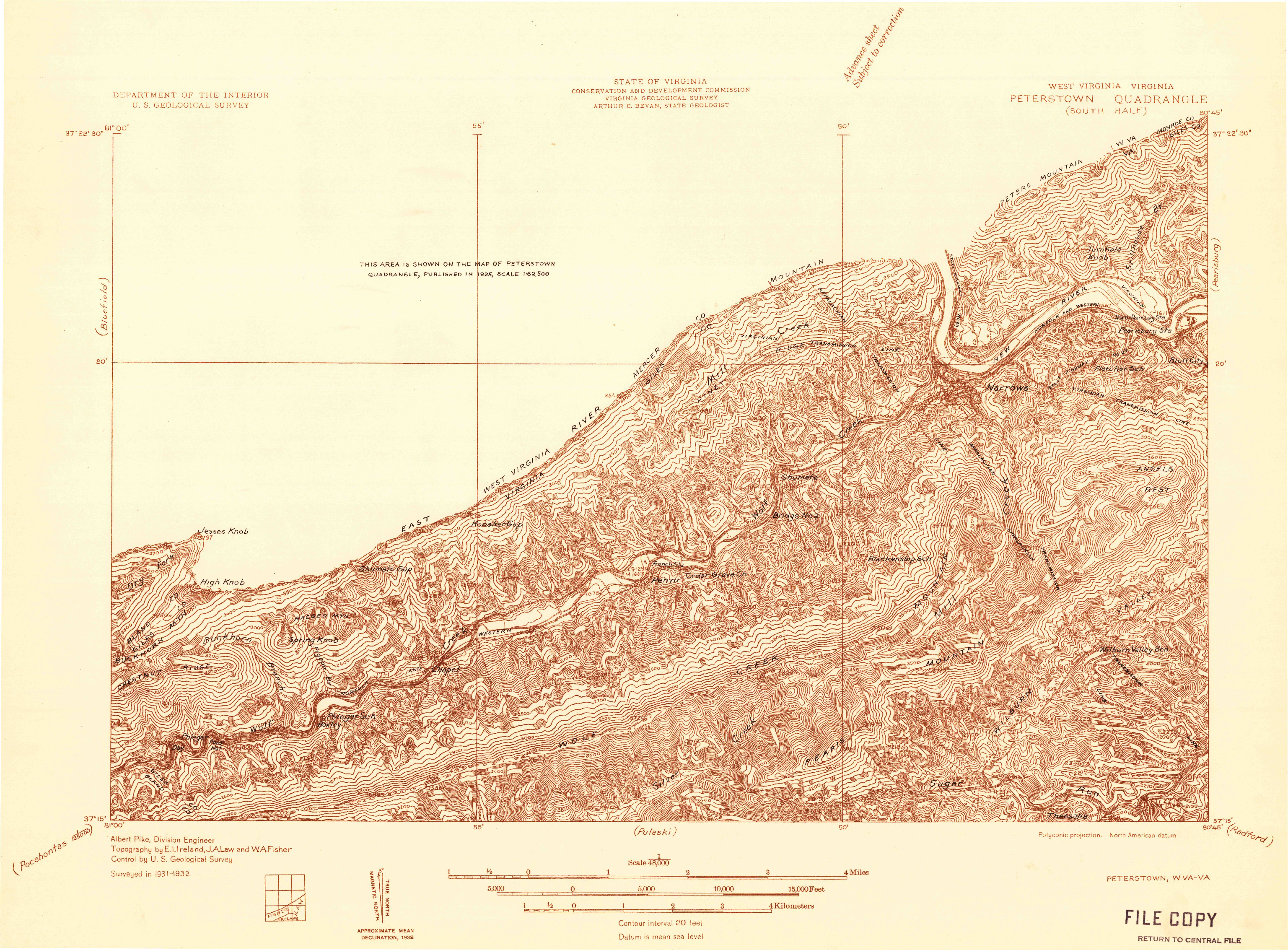USGS 1:48000-SCALE QUADRANGLE FOR PETERSTOWN, WV 1932