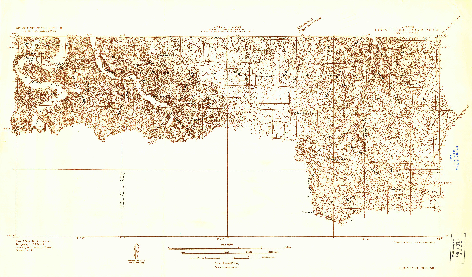USGS 1:48000-SCALE QUADRANGLE FOR EDGAR SPRINGS, MO 1932