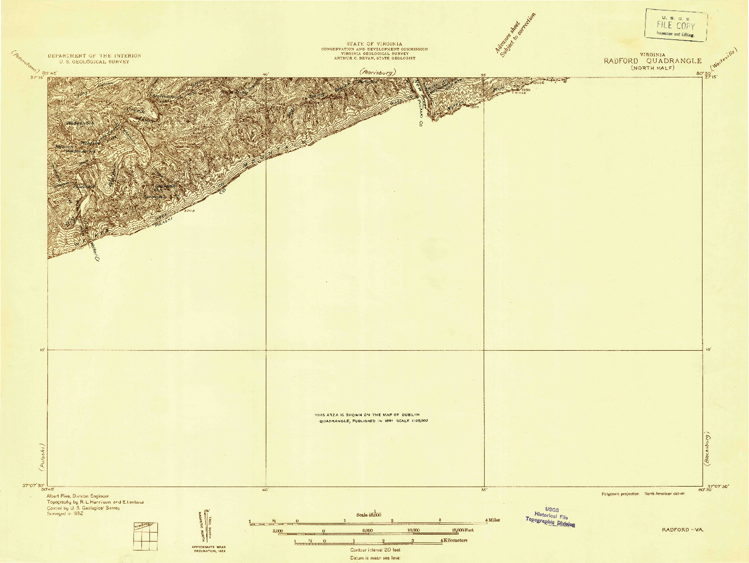 USGS 1:48000-SCALE QUADRANGLE FOR RADFORD, VA 1932