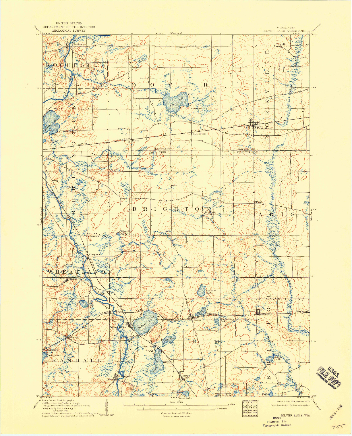 USGS 1:62500-SCALE QUADRANGLE FOR SILVER LAKE, WI 1906