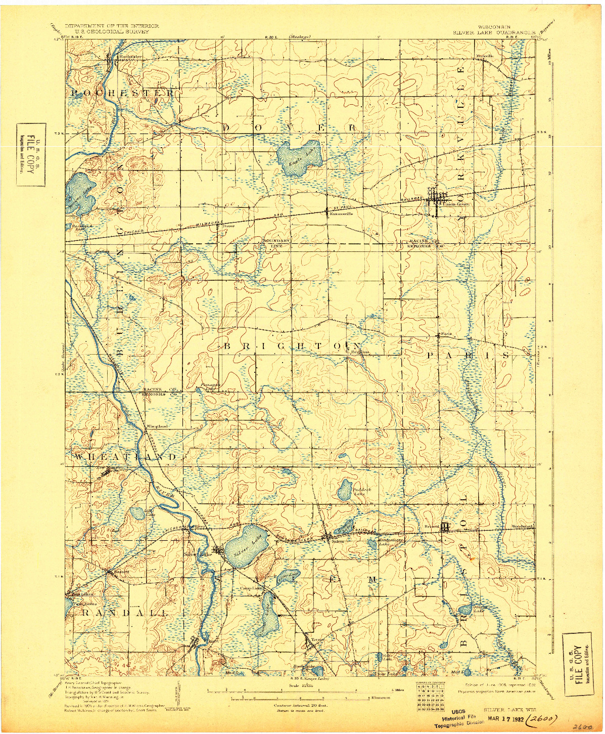 USGS 1:62500-SCALE QUADRANGLE FOR SILVER LAKE, WI 1906