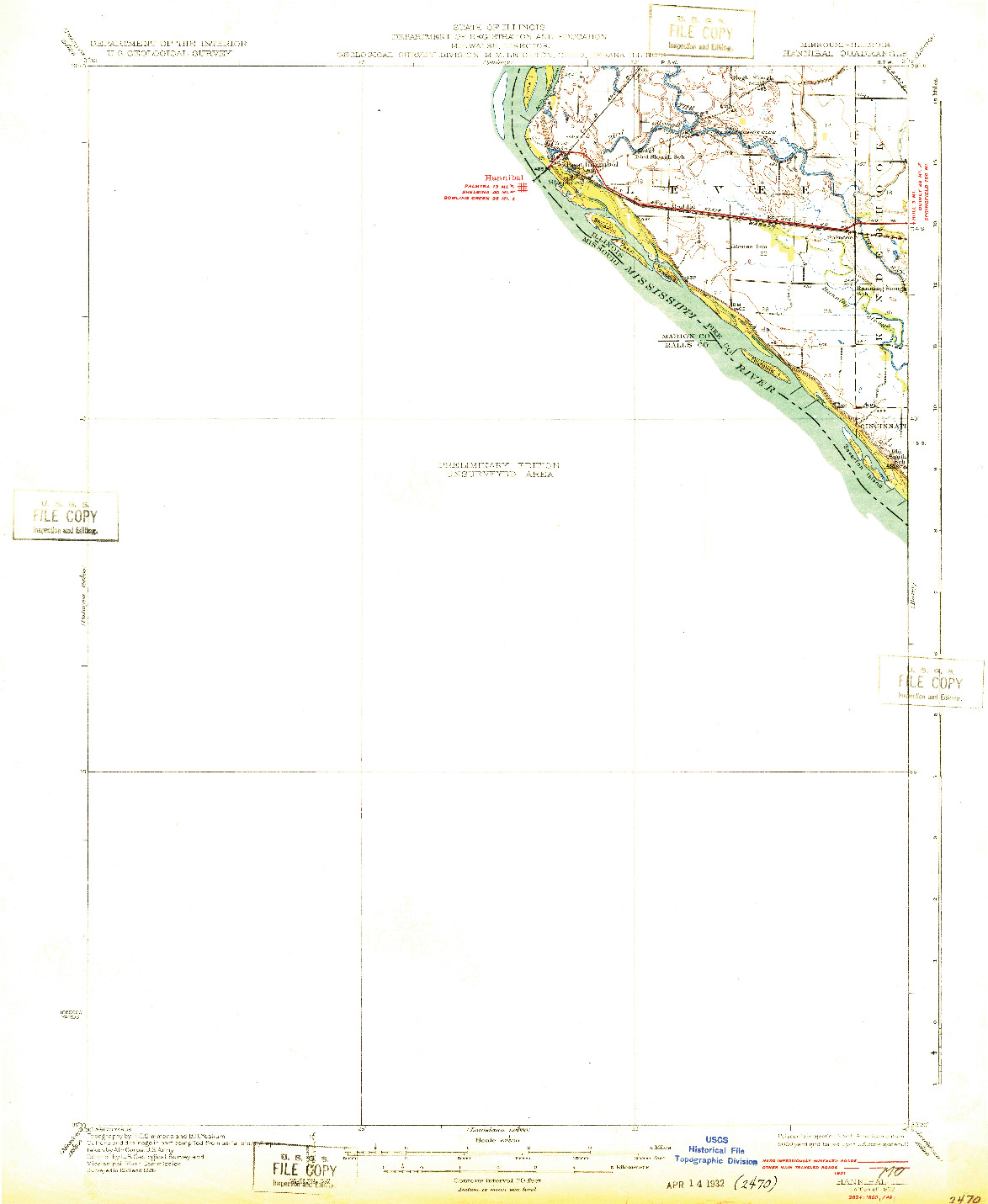 USGS 1:62500-SCALE QUADRANGLE FOR HANNIBAL, MO 1932