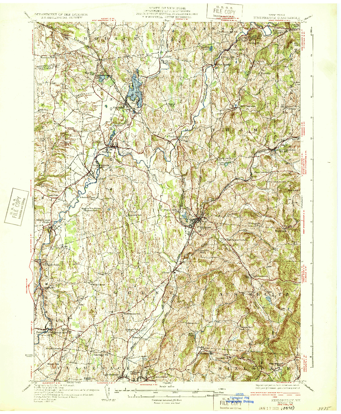 USGS 1:62500-SCALE QUADRANGLE FOR KINDERHOOK, NY 1933