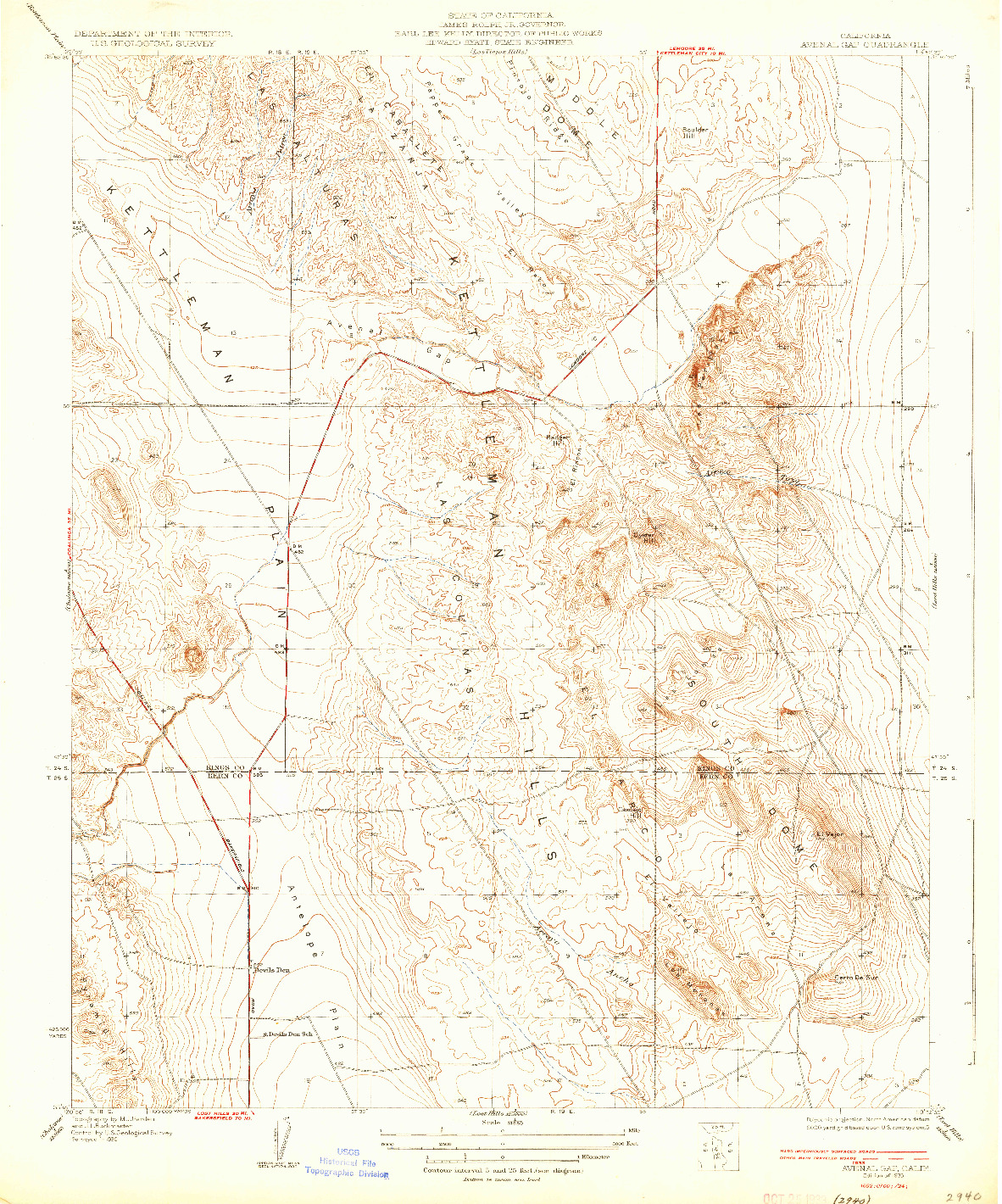 USGS 1:31680-SCALE QUADRANGLE FOR AVENAL GAP, CA 1933