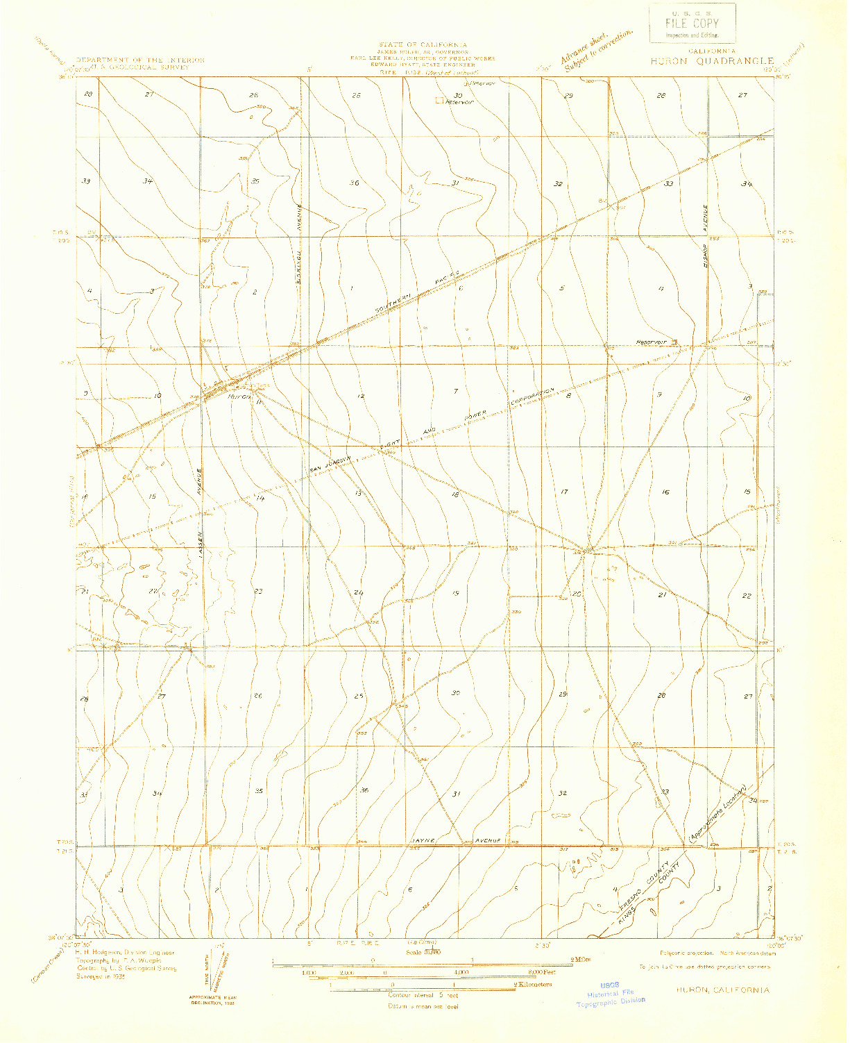 USGS 1:31680-SCALE QUADRANGLE FOR HURON, CA 1933