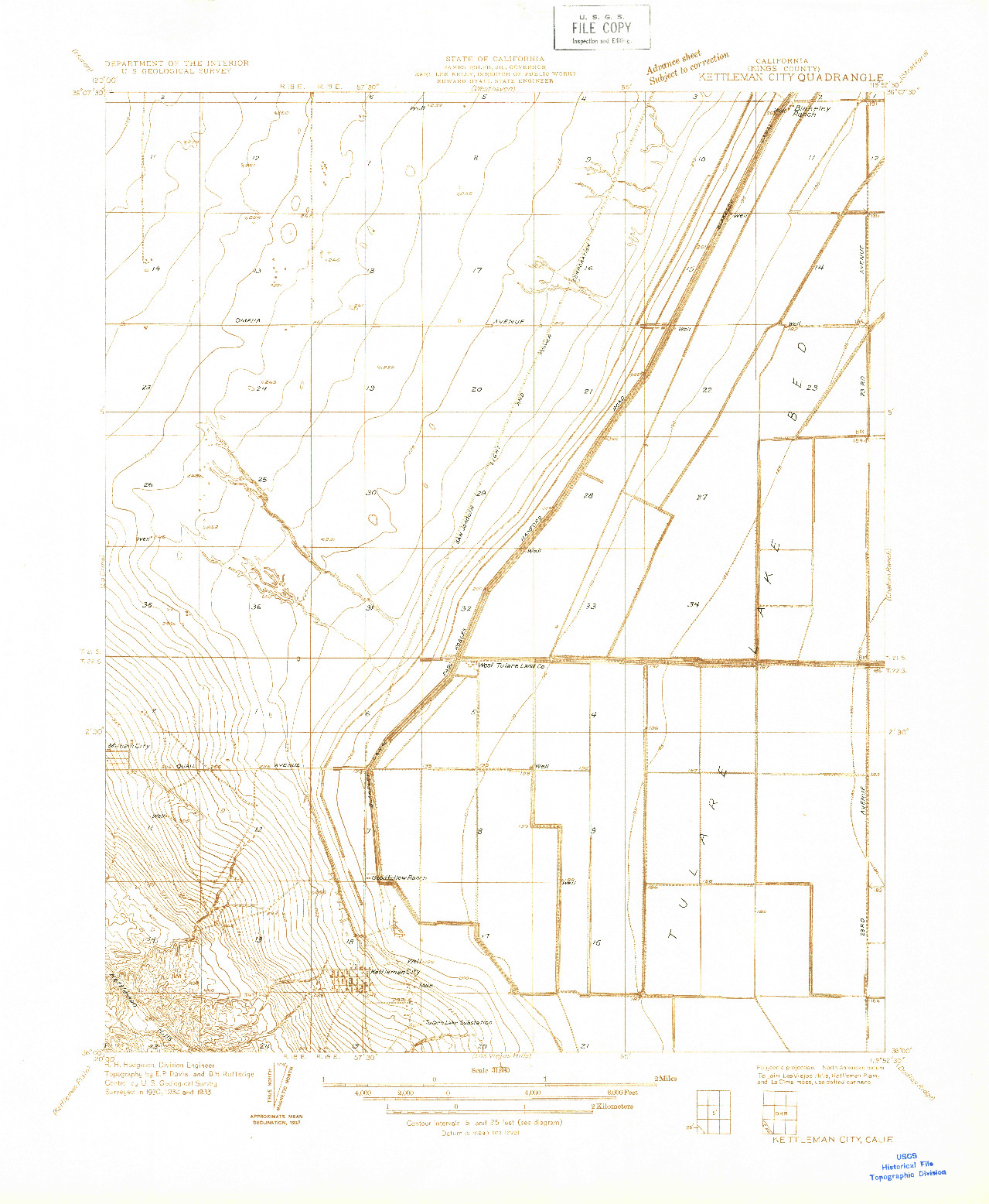 USGS 1:31680-SCALE QUADRANGLE FOR KETTLEMAN CITY, CA 1933