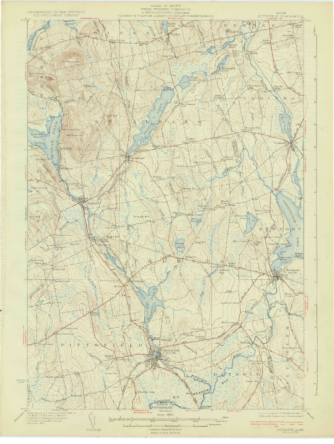 USGS 1:62500-SCALE QUADRANGLE FOR PITTSFIELD, ME 1933