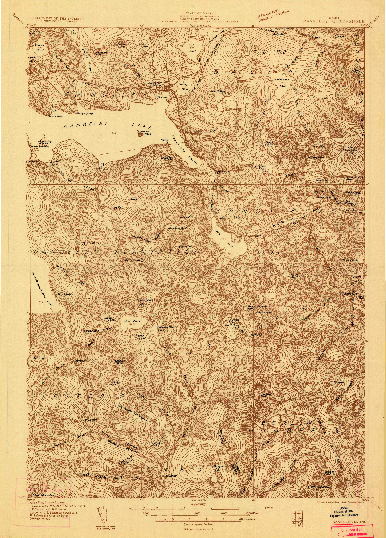 USGS 1:48000-SCALE QUADRANGLE FOR RANGELEY, ME 1933