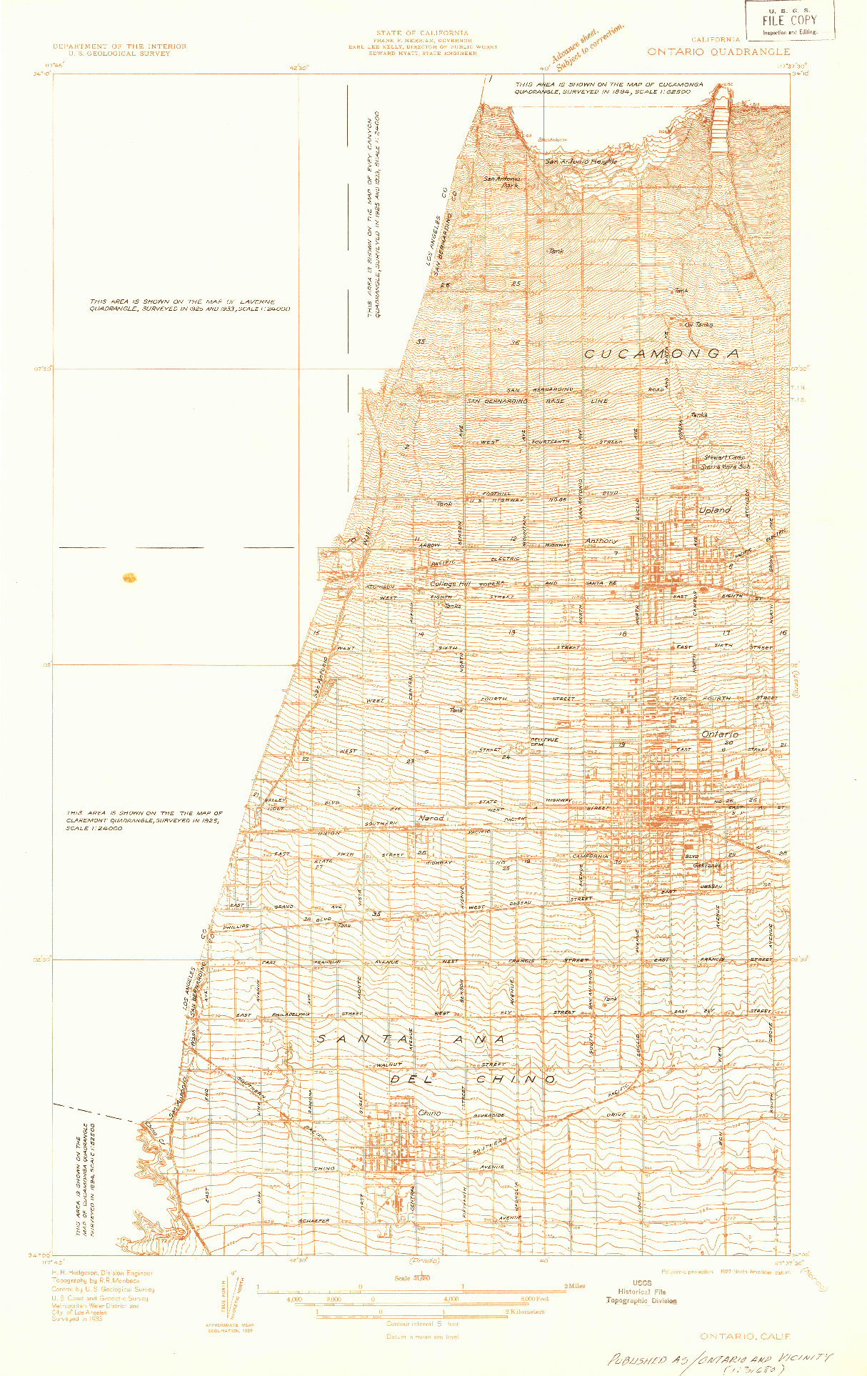 USGS 1:31680-SCALE QUADRANGLE FOR ONTARIO, CA 1933