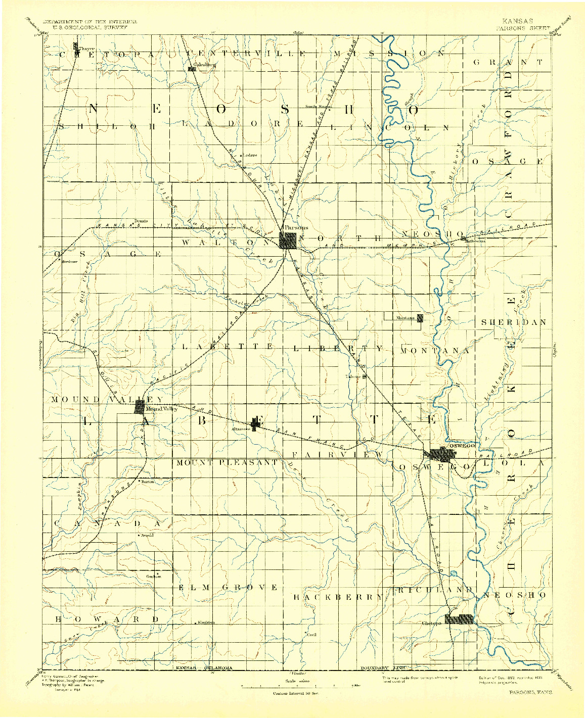 USGS 1:125000-SCALE QUADRANGLE FOR PARSONS, KS 1893