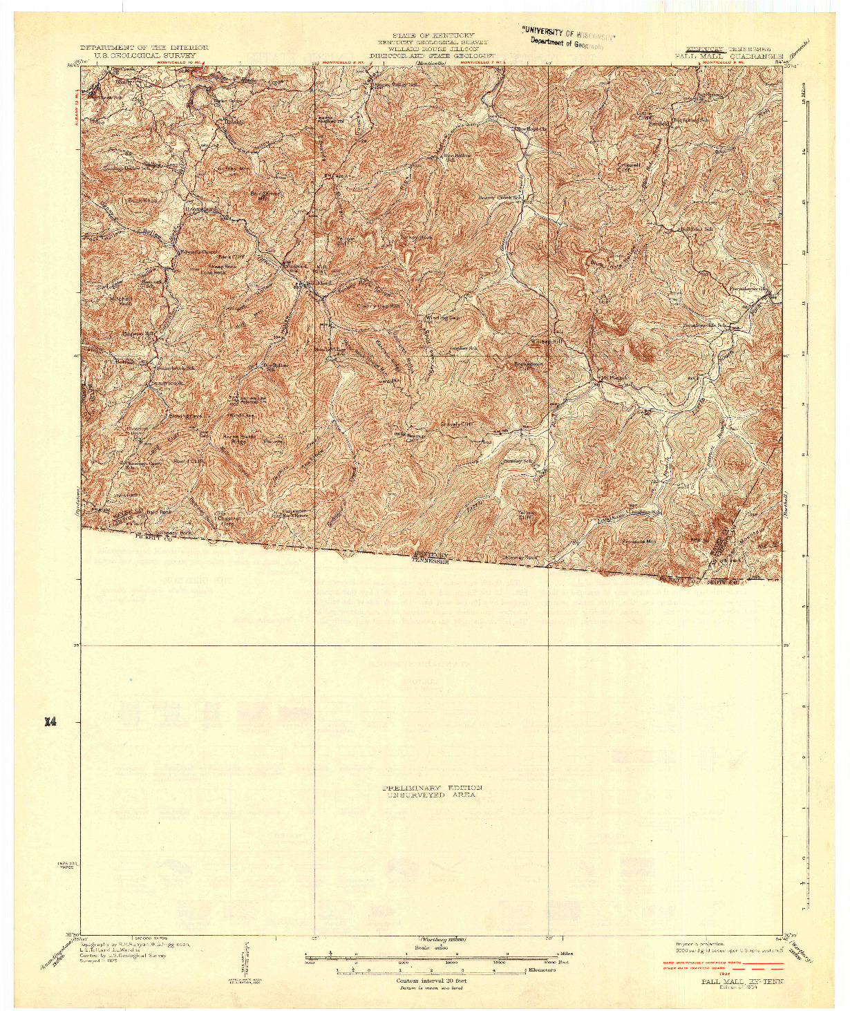 USGS 1:62500-SCALE QUADRANGLE FOR PALL MALL, KY 1934