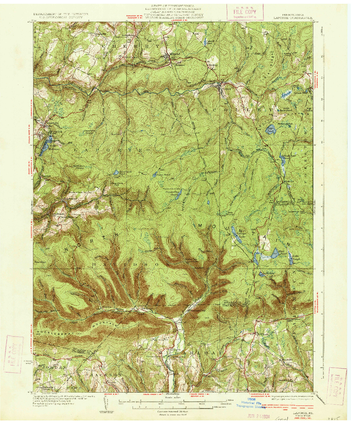 USGS 1:62500-SCALE QUADRANGLE FOR LAPORTE, PA 1934