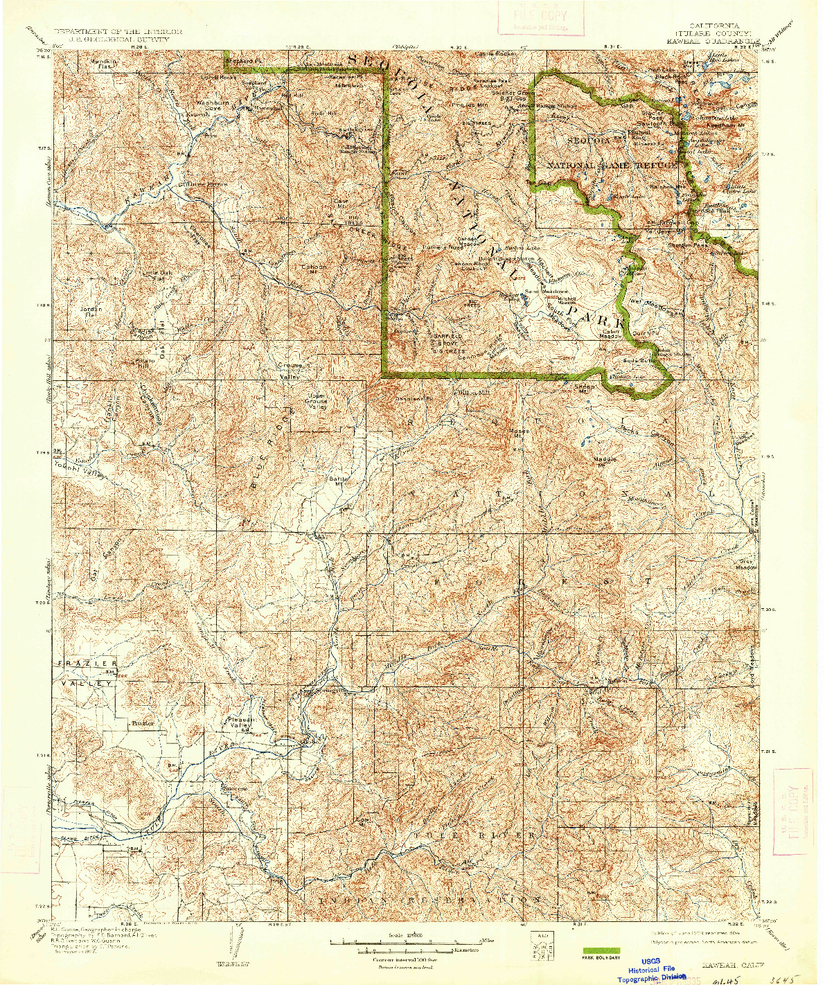 USGS 1:125000-SCALE QUADRANGLE FOR KAWEAH, CA 1909