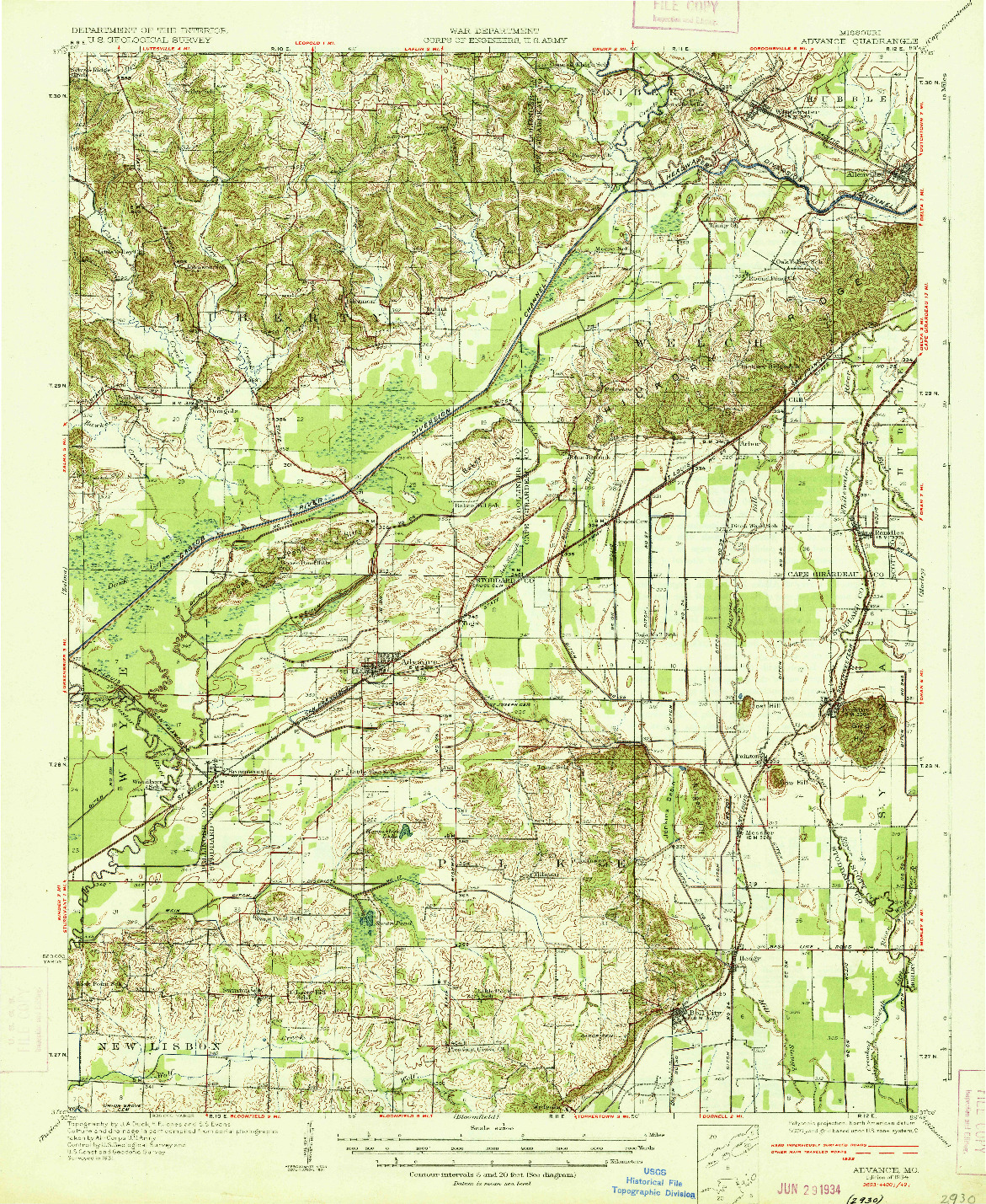 USGS 1:62500-SCALE QUADRANGLE FOR ADVANCE, MO 1934