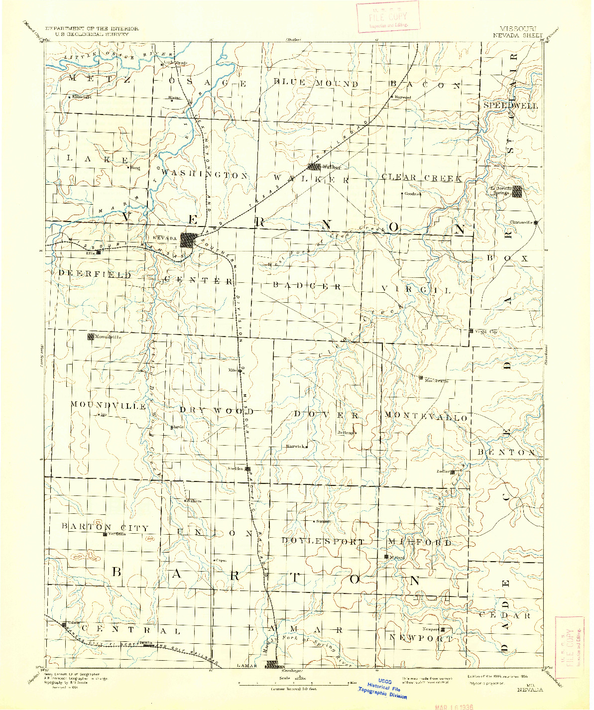 USGS 1:125000-SCALE QUADRANGLE FOR NEVADA, MO 1894